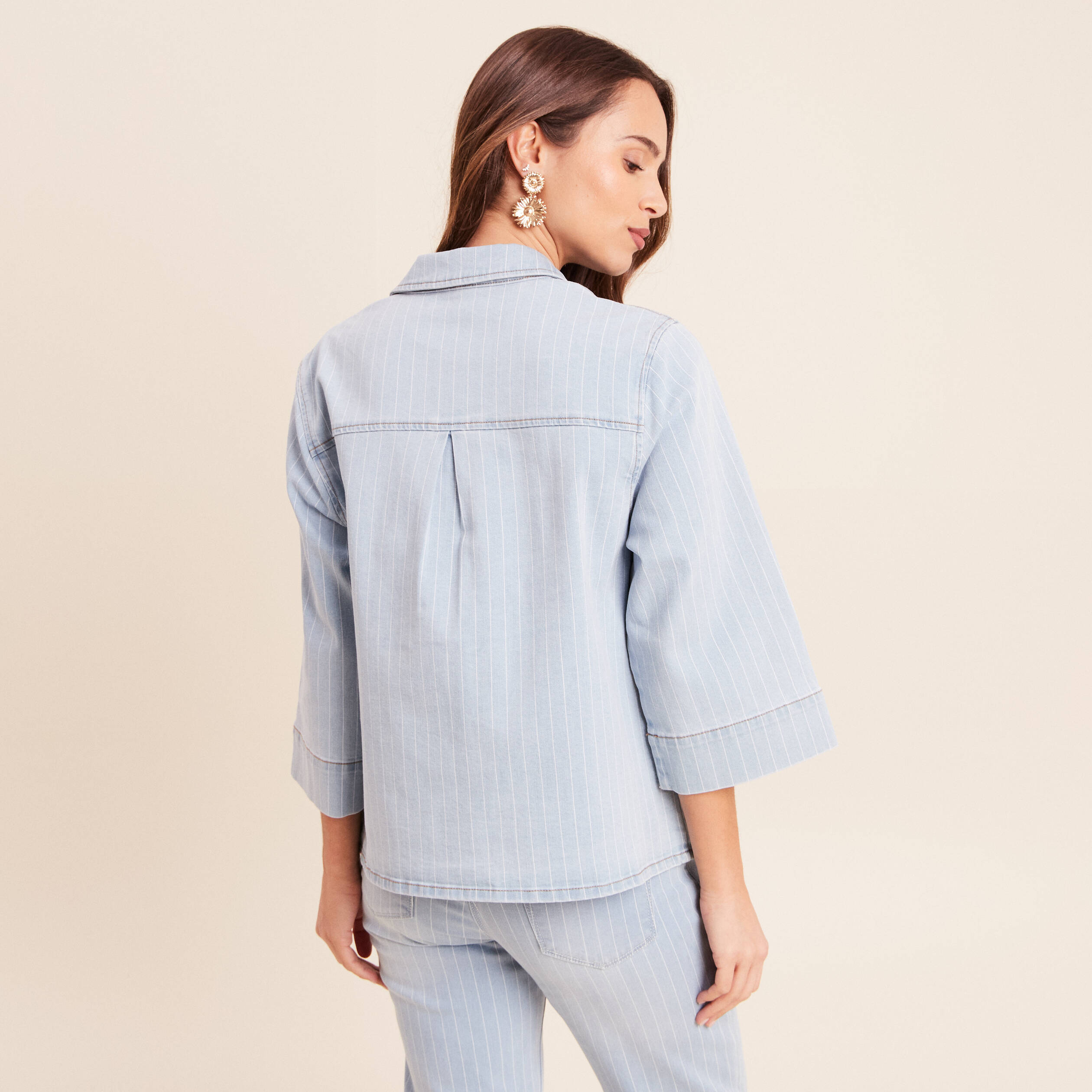 Chemise jean col chemise manches 3/4 blanc femme