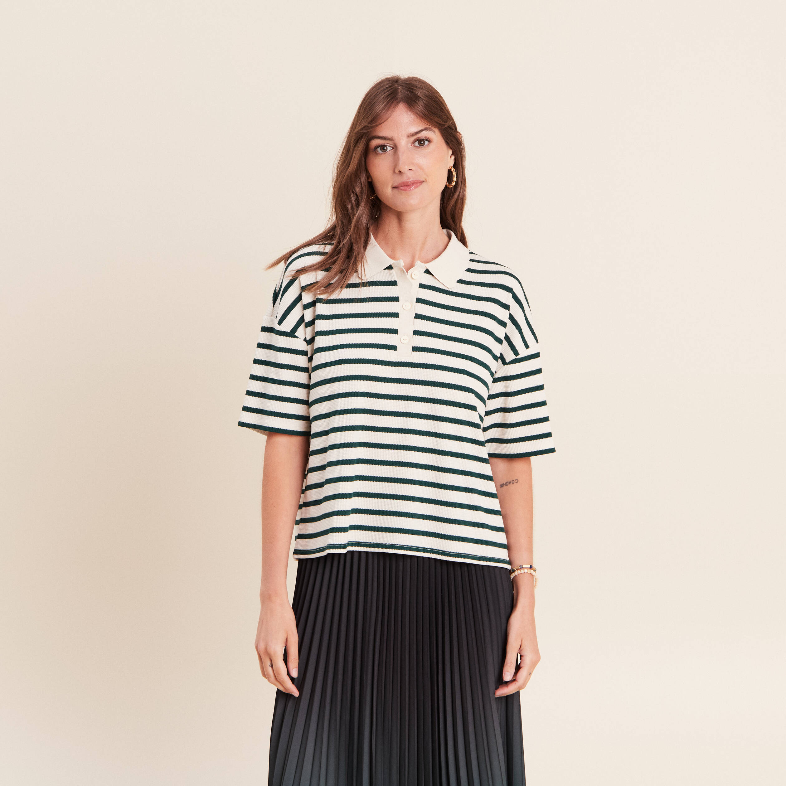Polo ample col chemise vert femme