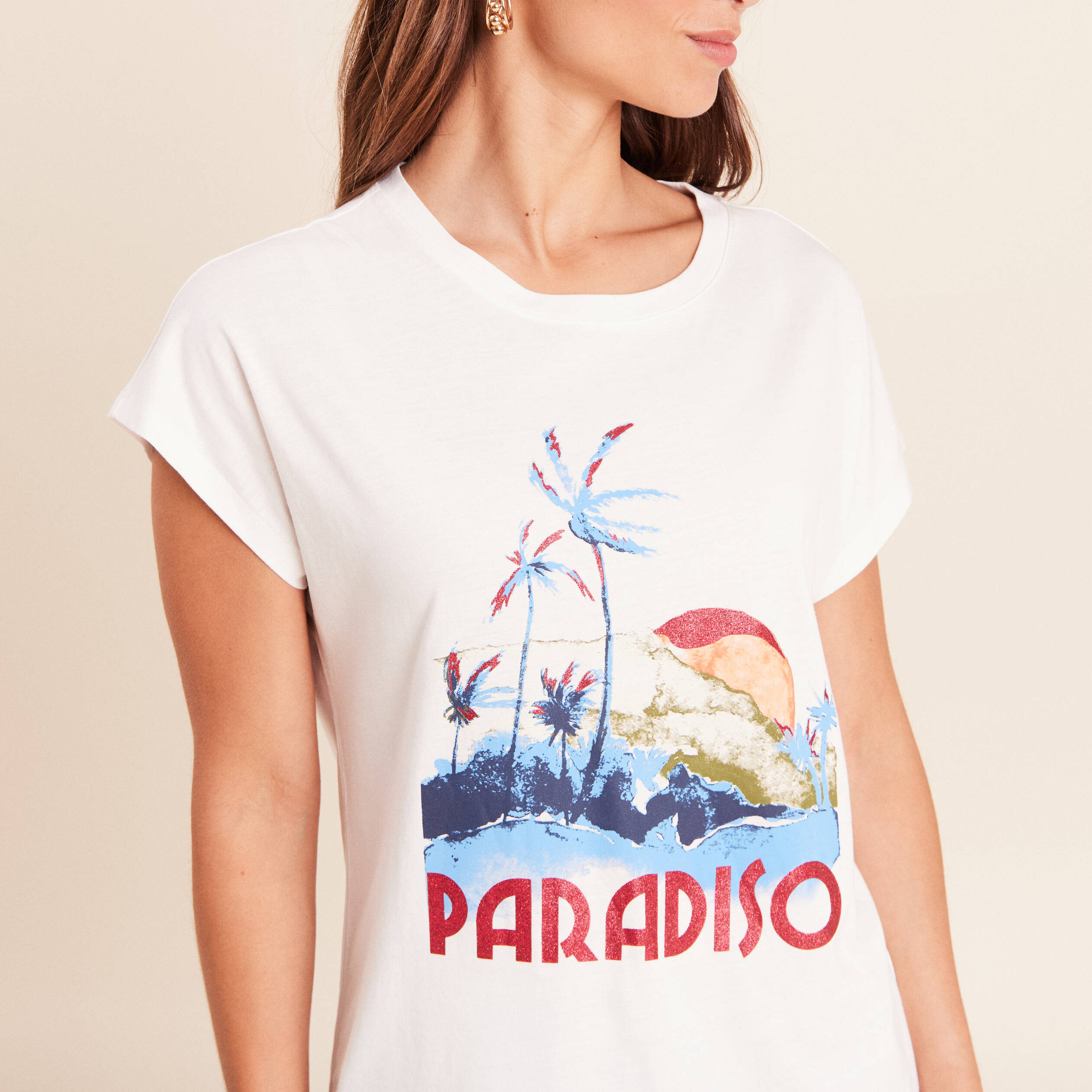 T-shirt col rond manches courtes ecru femme