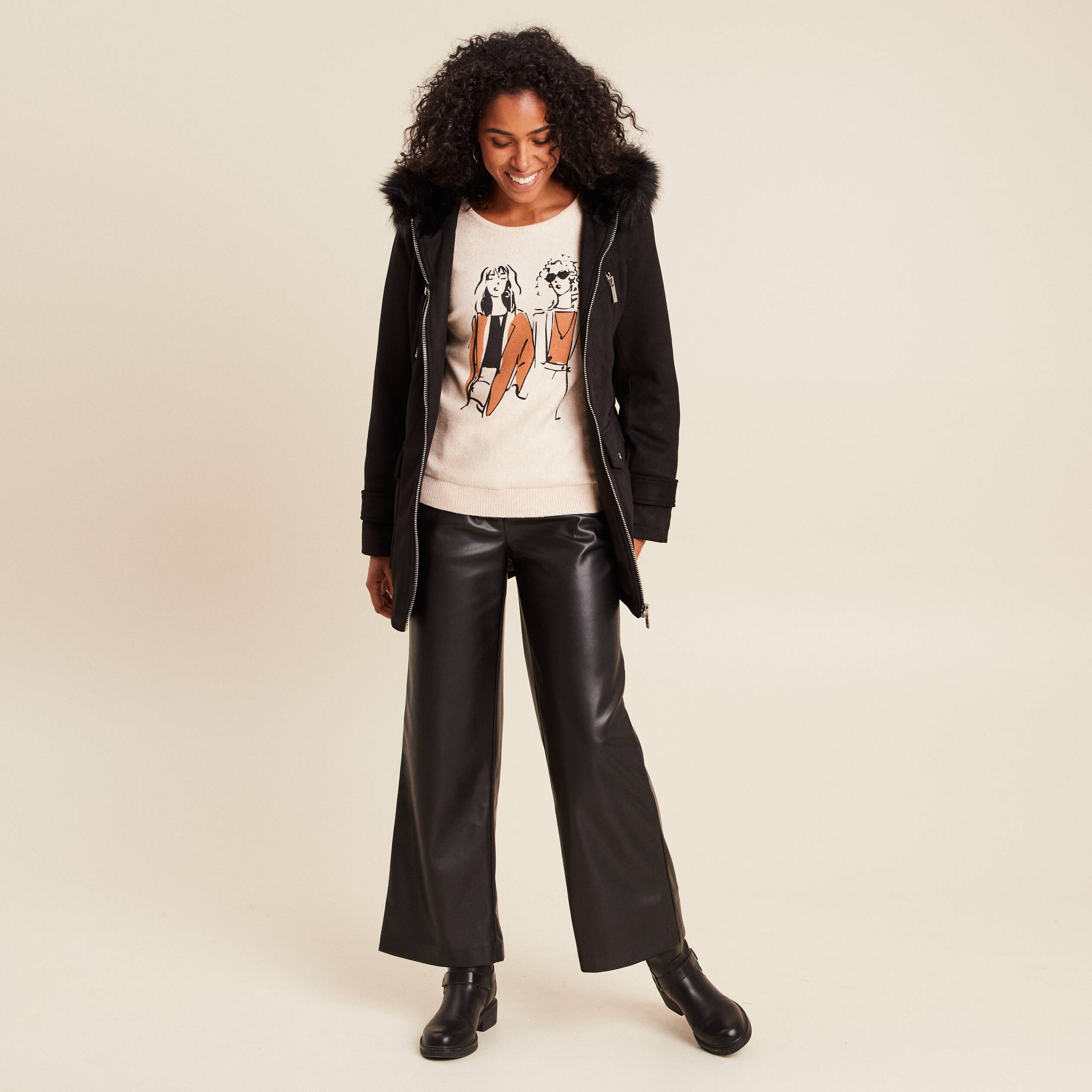 Pull col rond manches longues creme femme