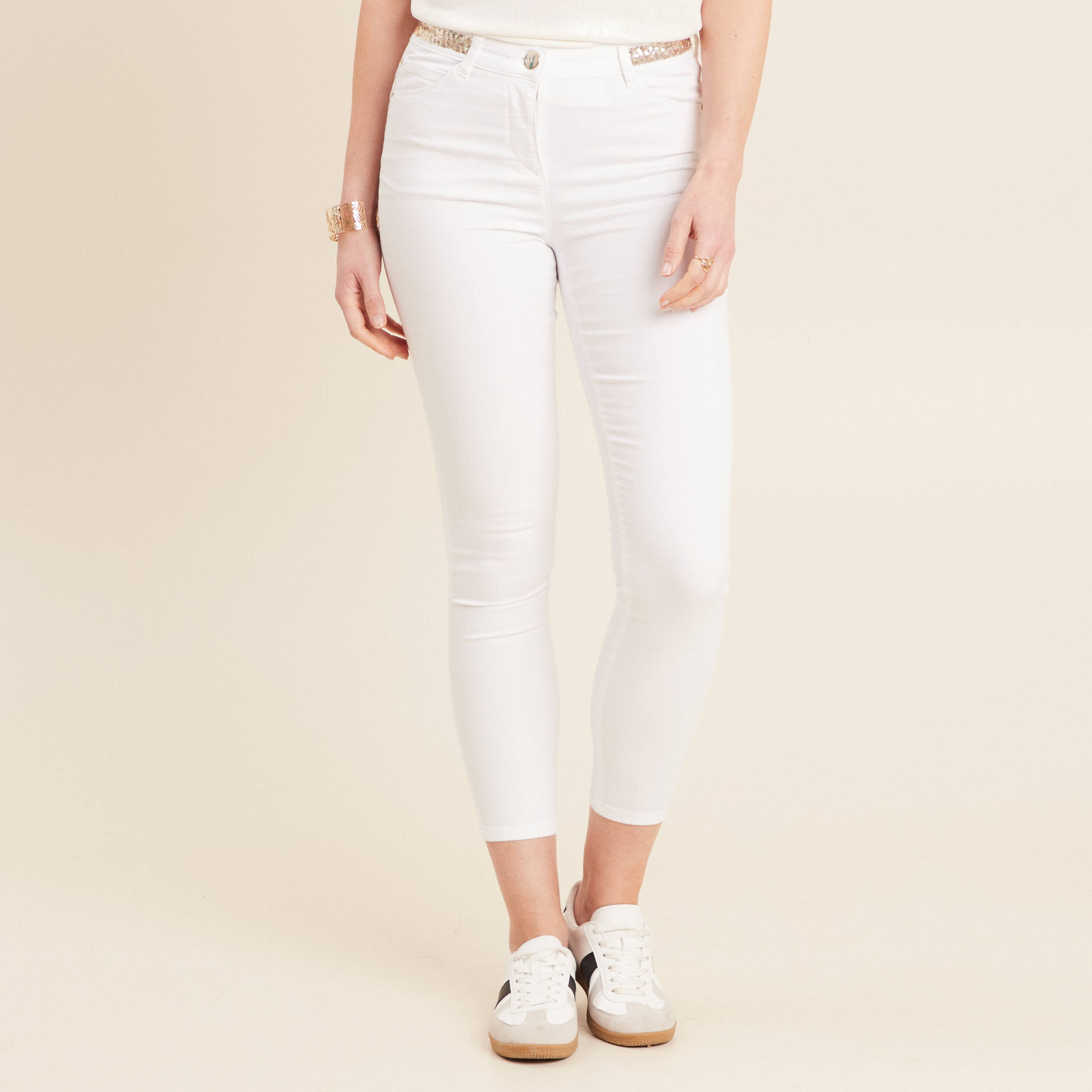 Pantalon ajusté sequins blanc femme