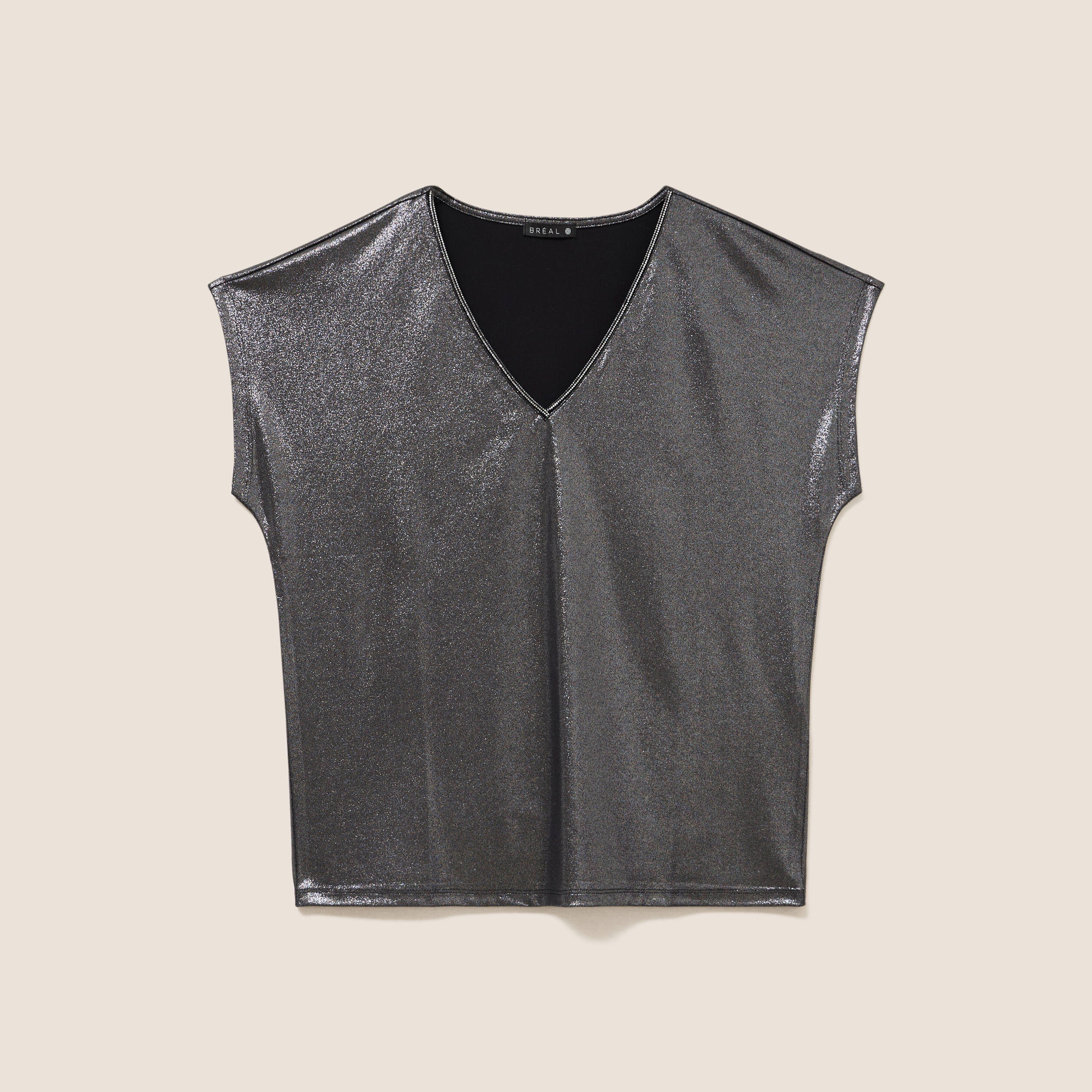 T-shirt col V manches courtes noir femme
