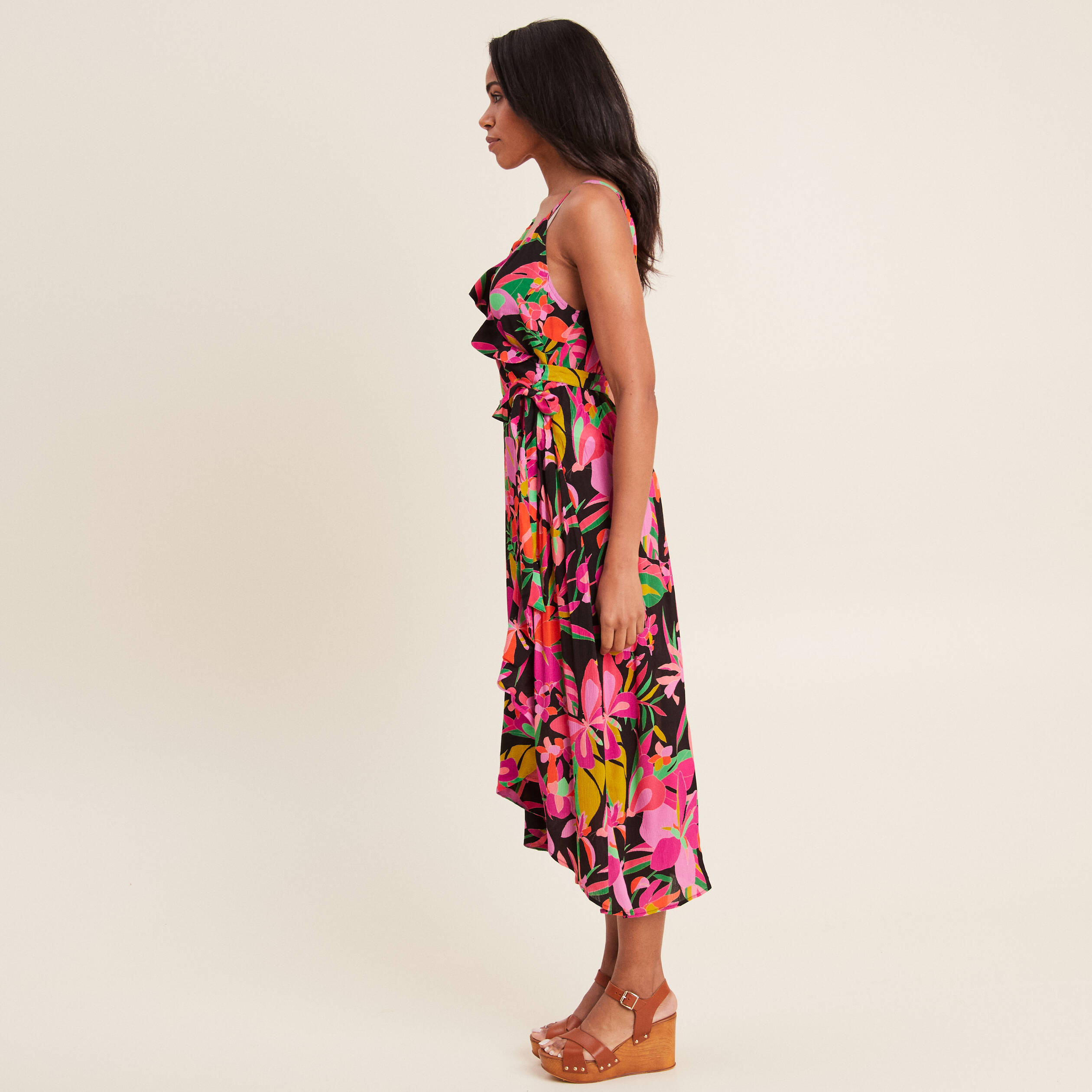 Robe longue portefeuille rose fushia femme