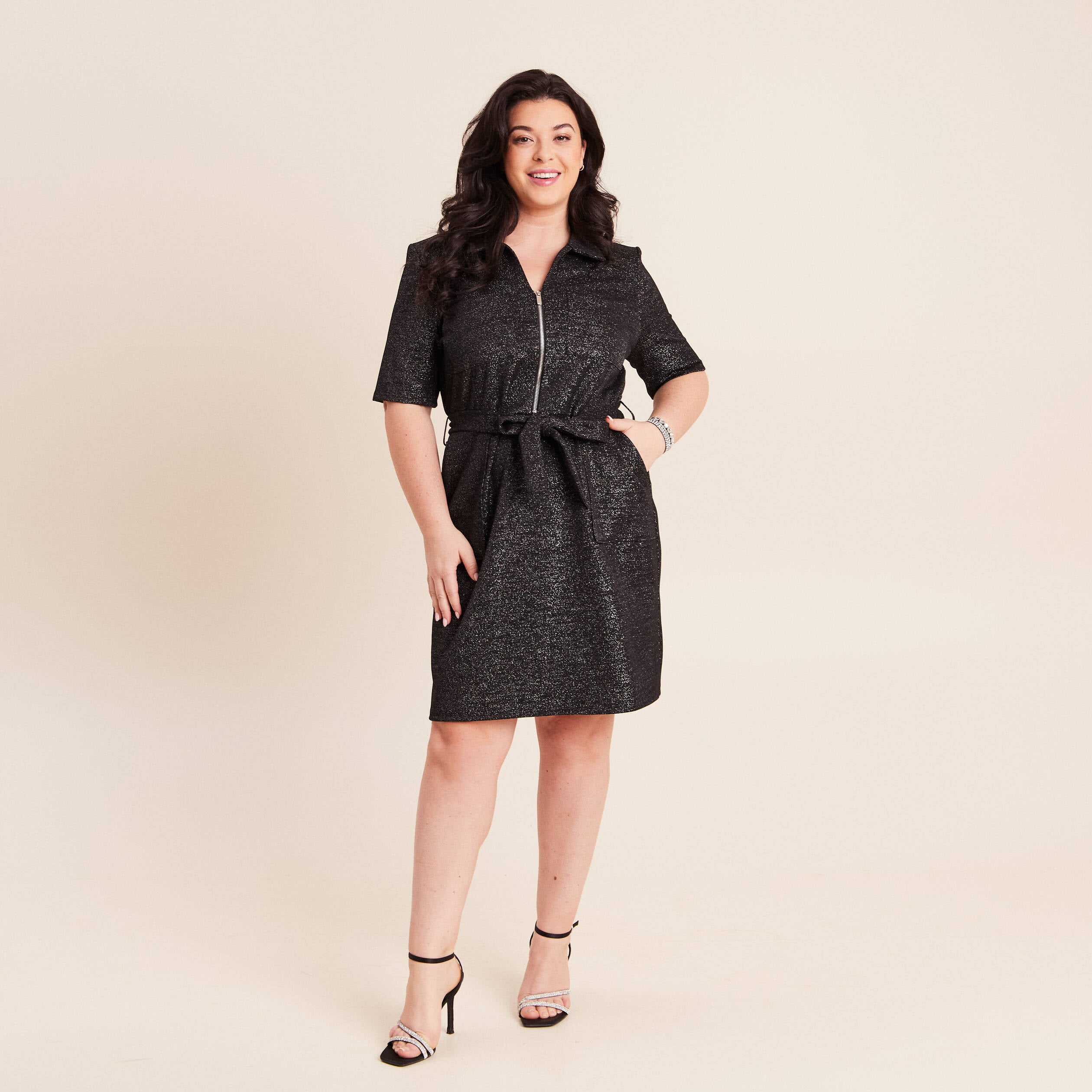 Robe &agrave; paillettes avec ceinture int&eacute;gr&eacute;e noir femme