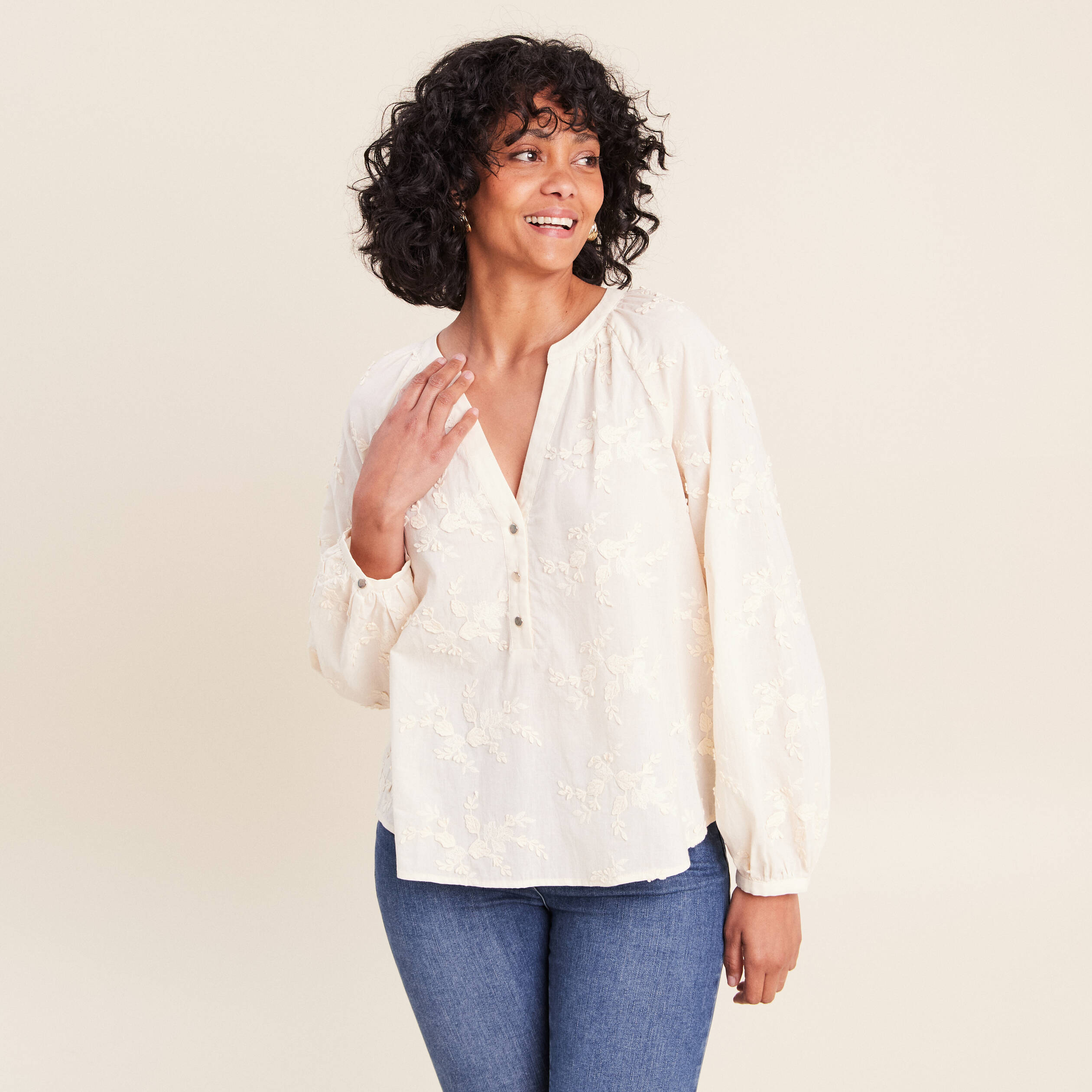 Blouse ample manches longues fluide ecru femme