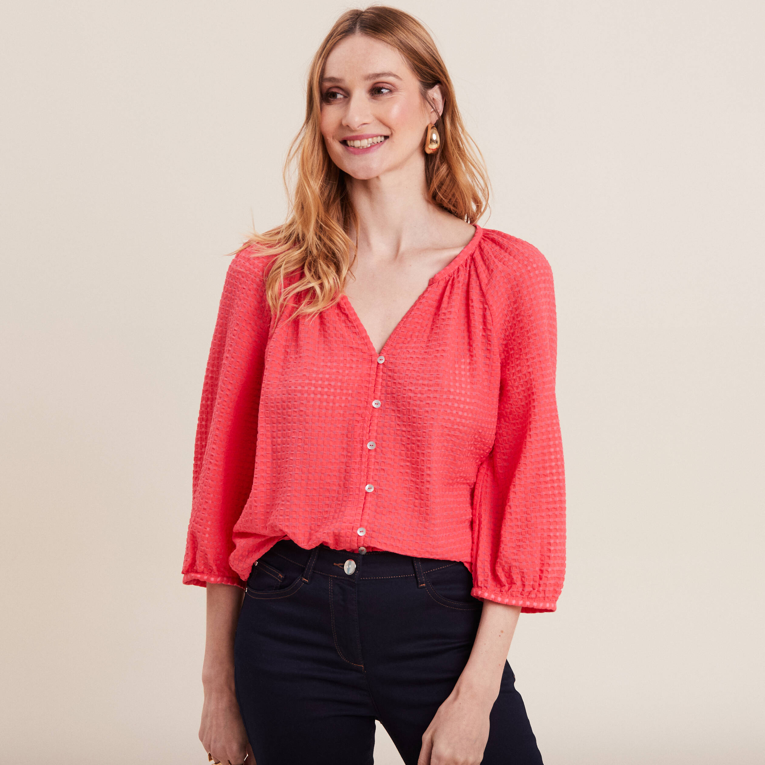 Blouse manches 3/4 rose cerise femme