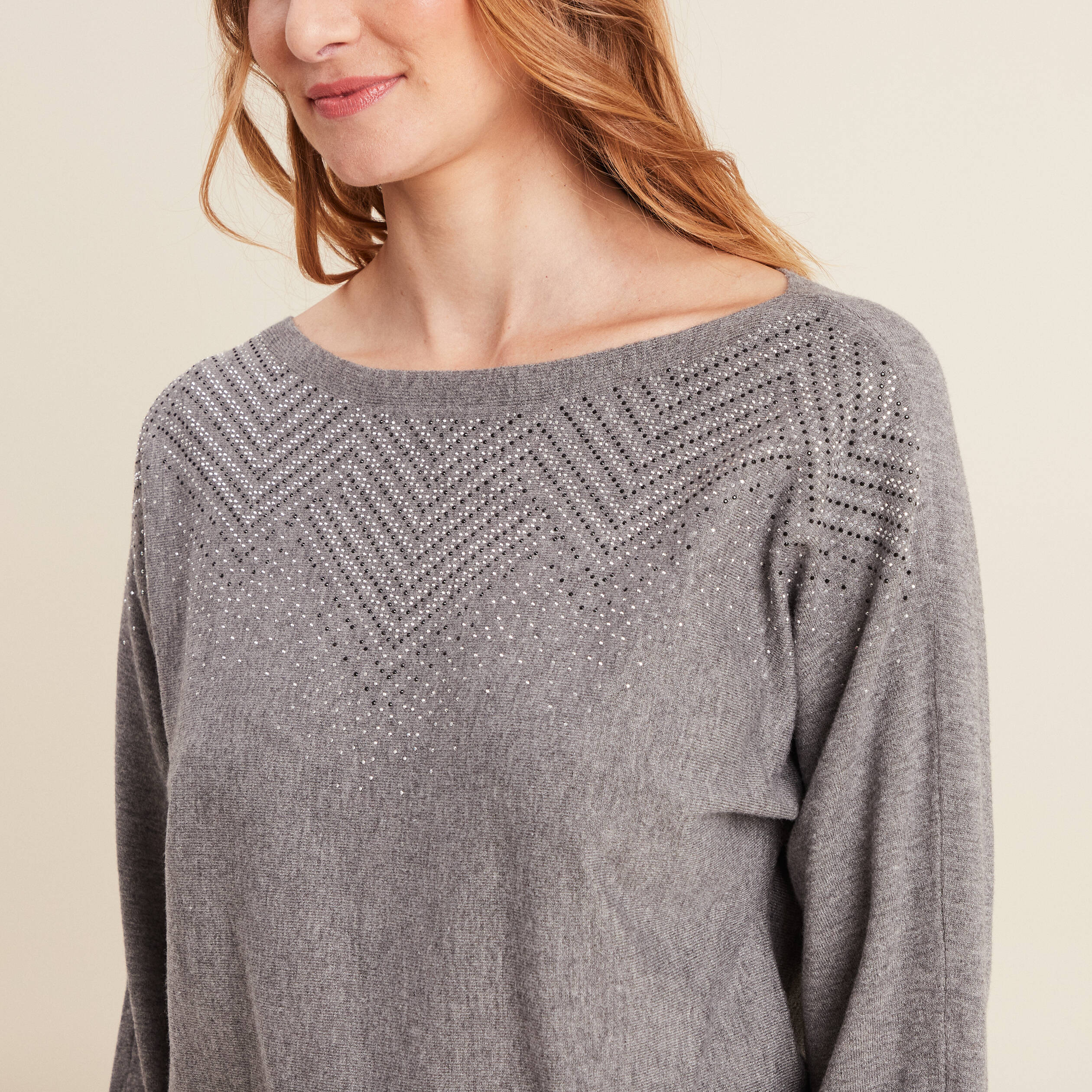Pull manches longues strass gris clair femme