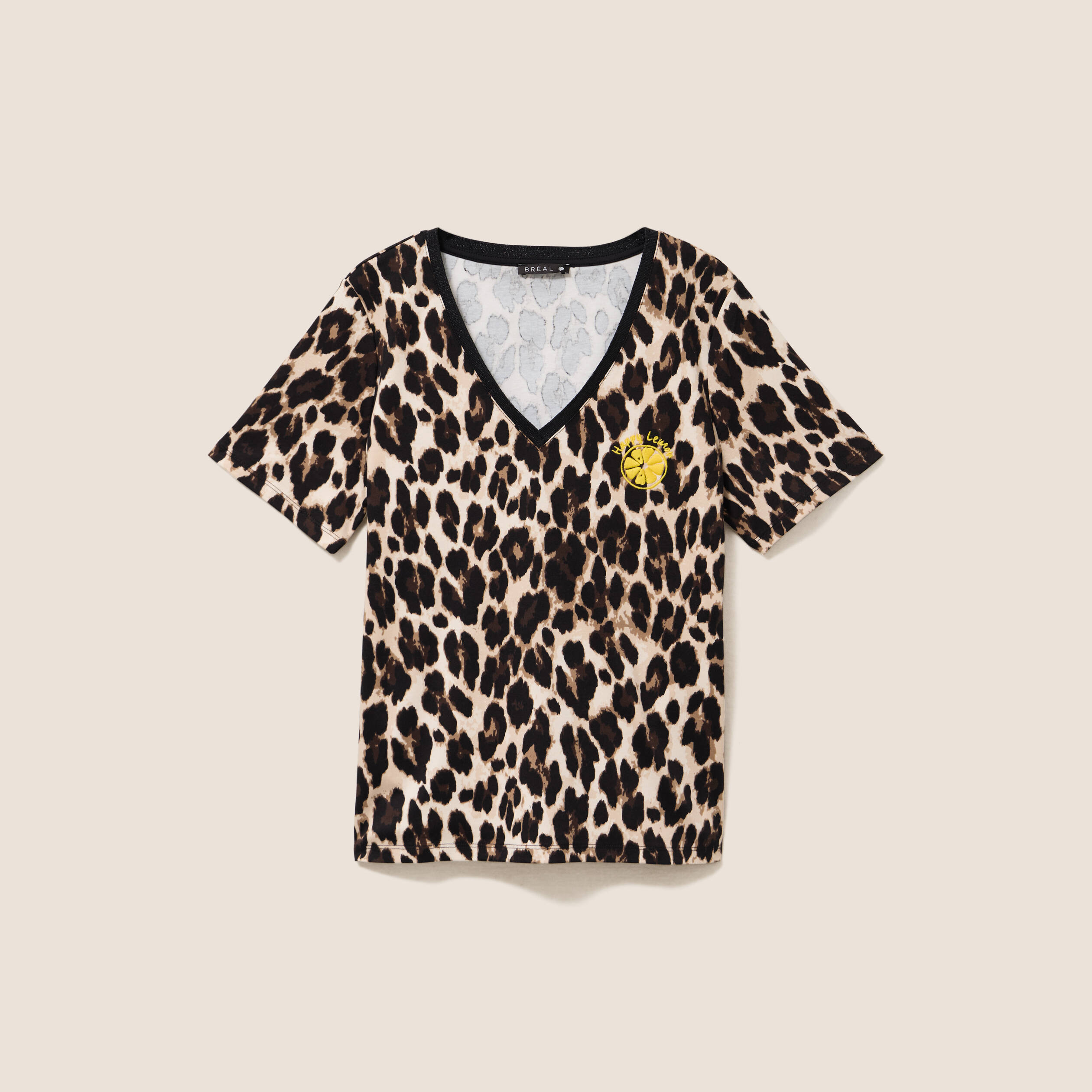 T-shirt col v manches courtes brod&eacute; marron femme