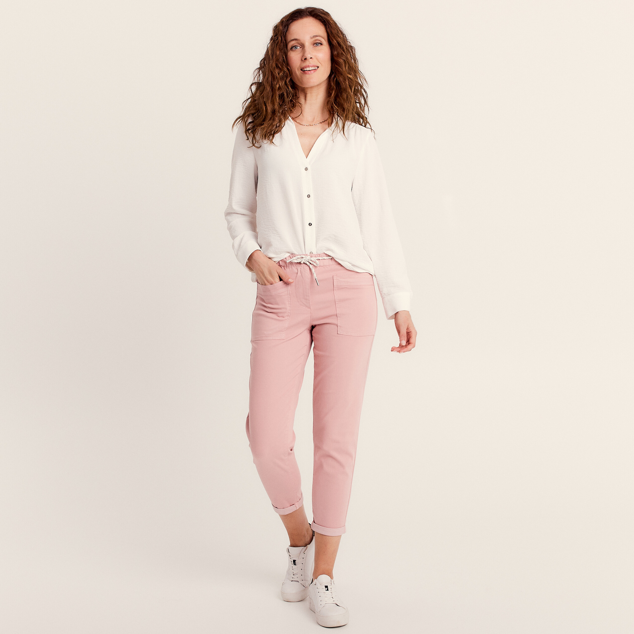 Pantalon coupe droite a coulisse rose pastel femme Breal