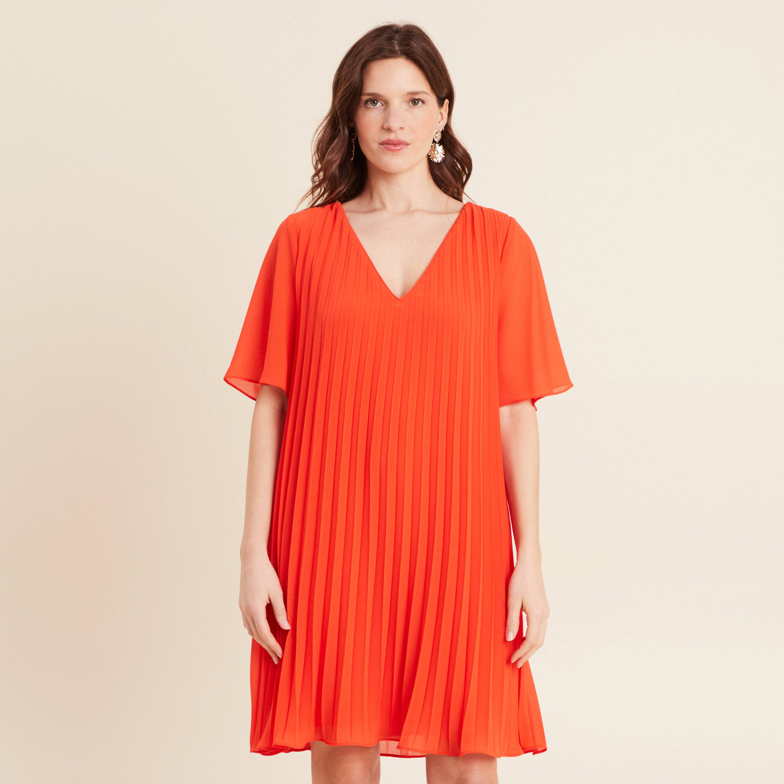 Robe droite plissée orange foncé femme