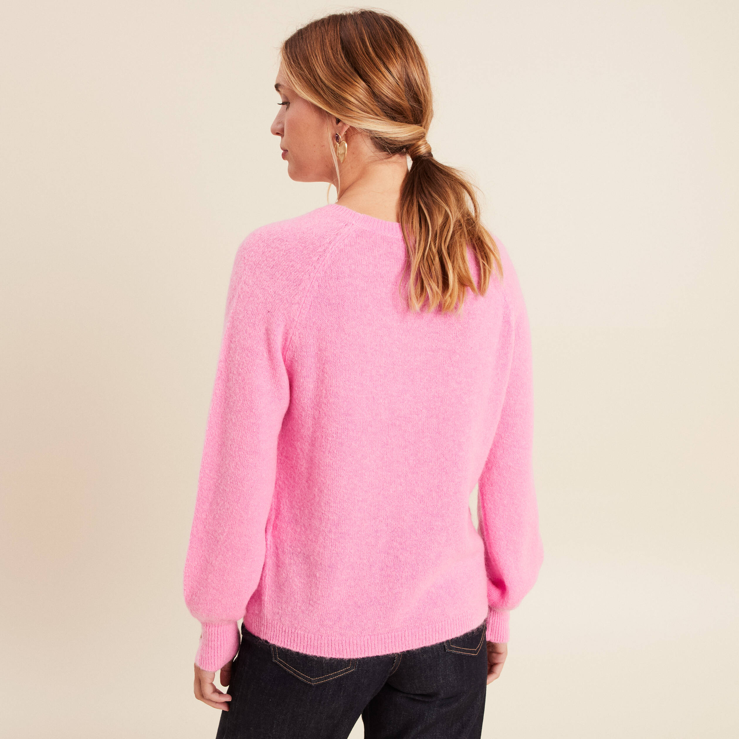 Pull col rond manches longues rose femme