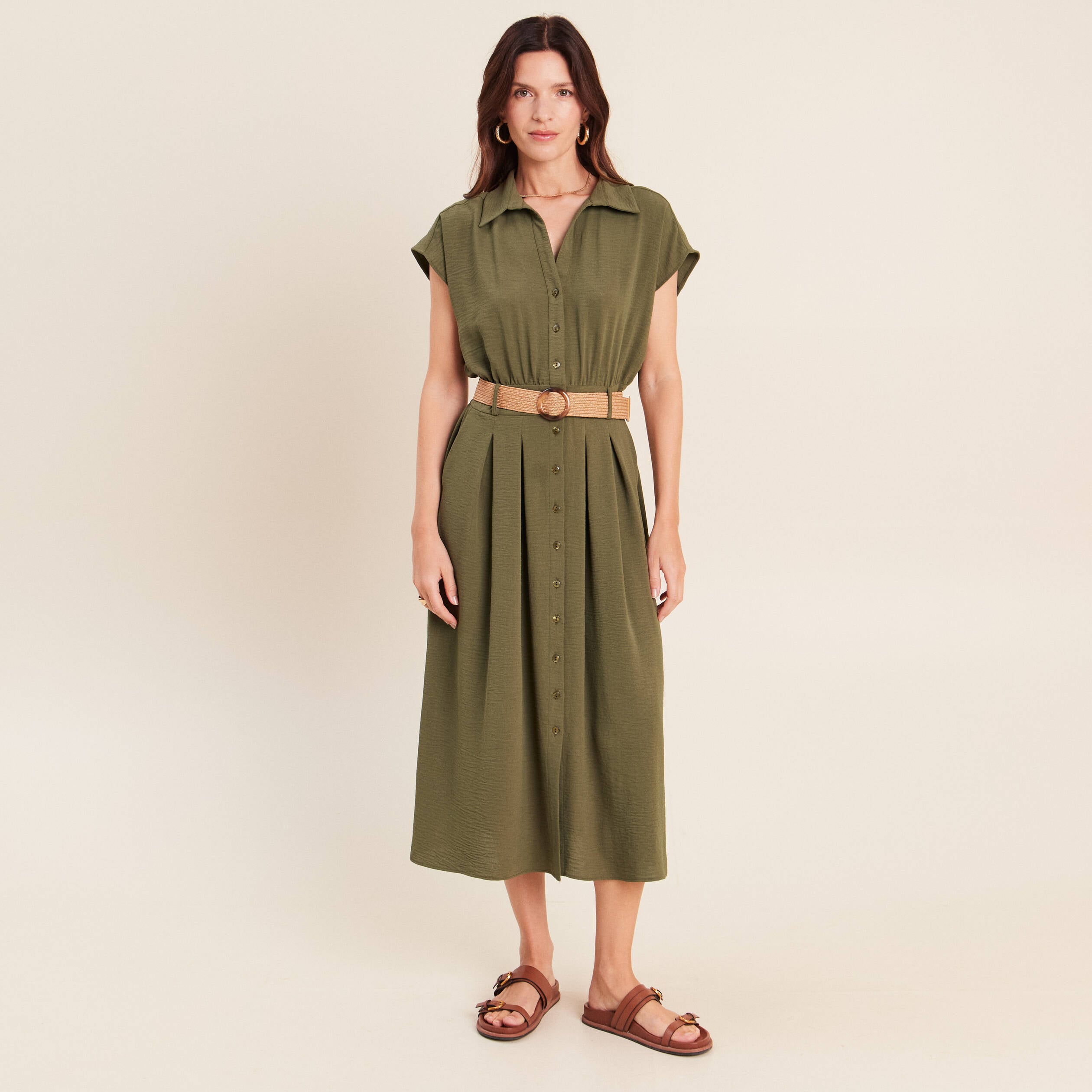 Robe patineuse 3/4 col chemise vert kaki femme