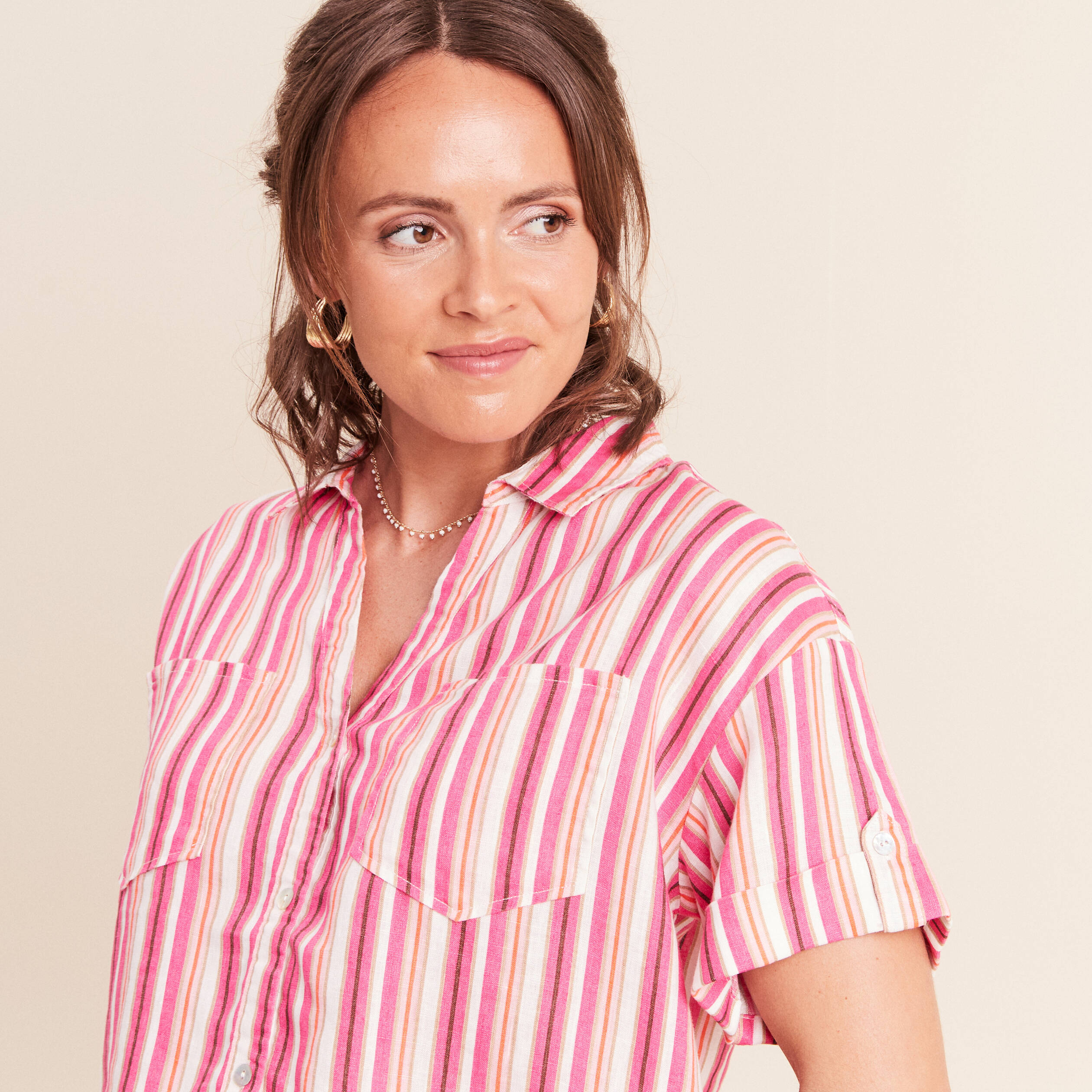 Chemise ample manches courtes aspect lin rose femme