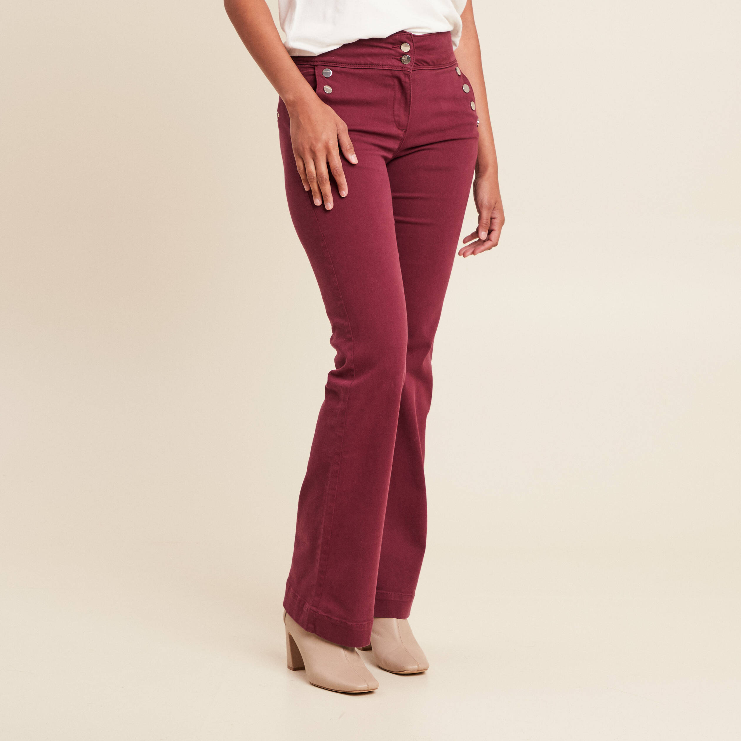 Pantalon coupe bootcut &agrave; pont bordeaux femme