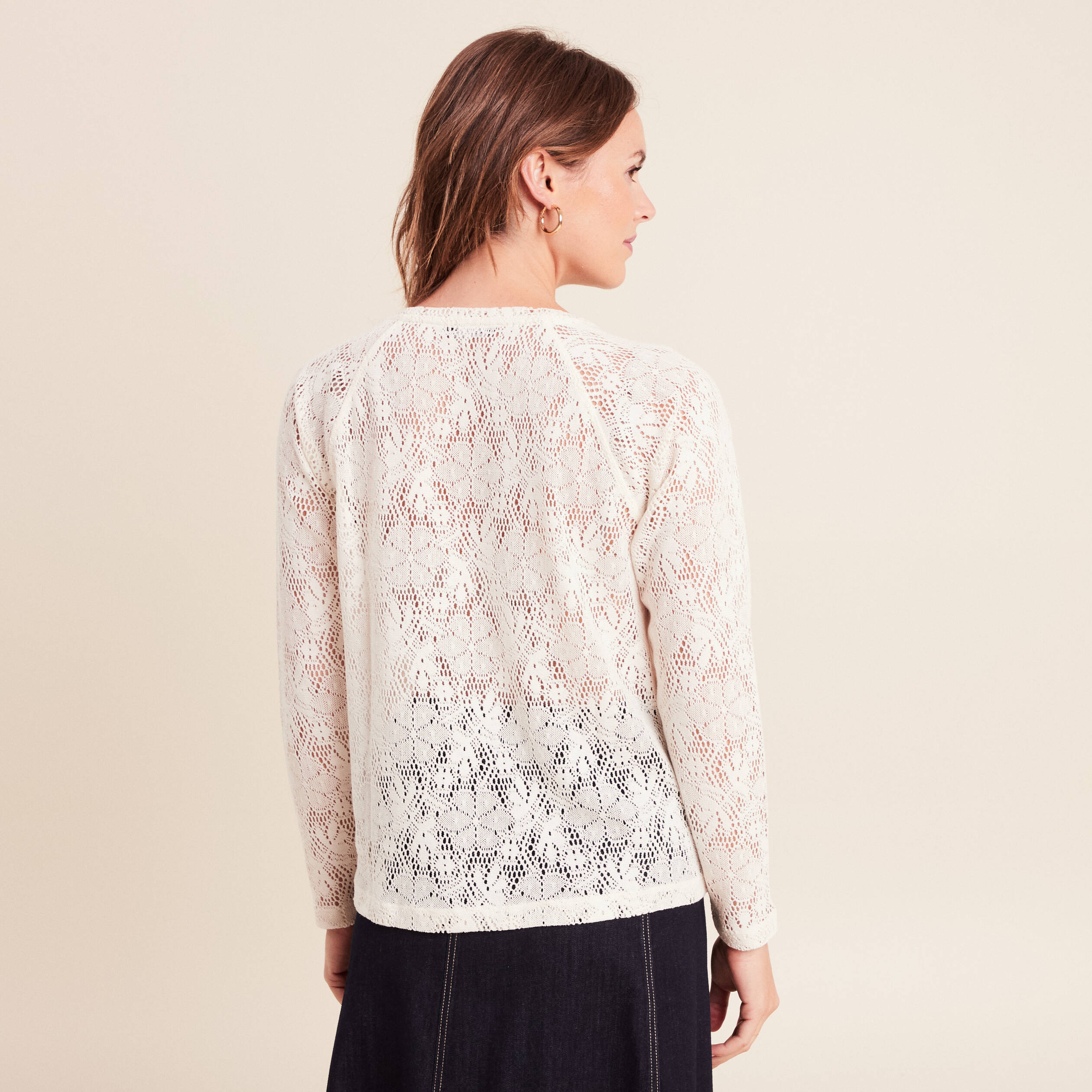 T-shirt manches longues aspect dentelle ecru femme