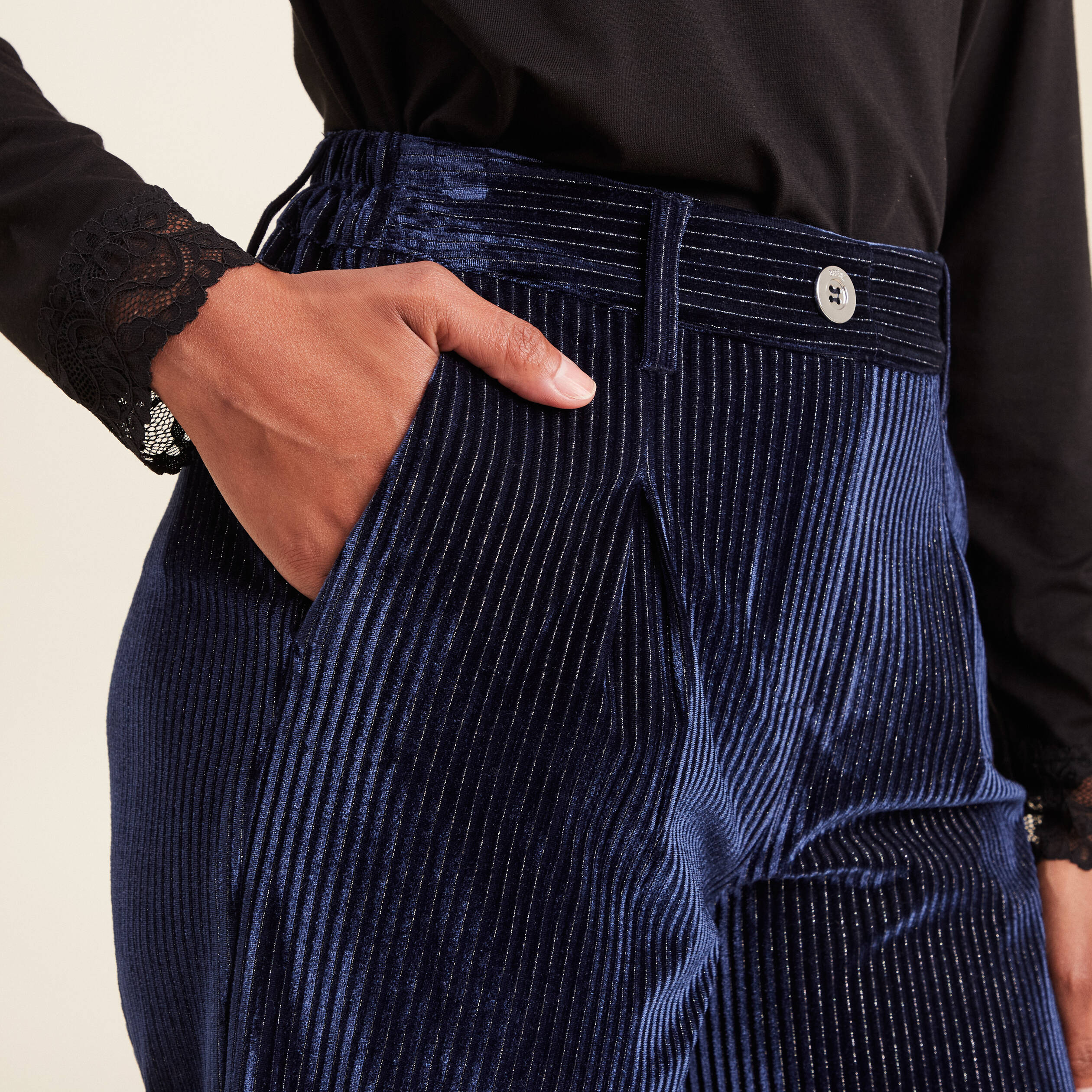 Pantalon large velours bleu foncé femme Bréal