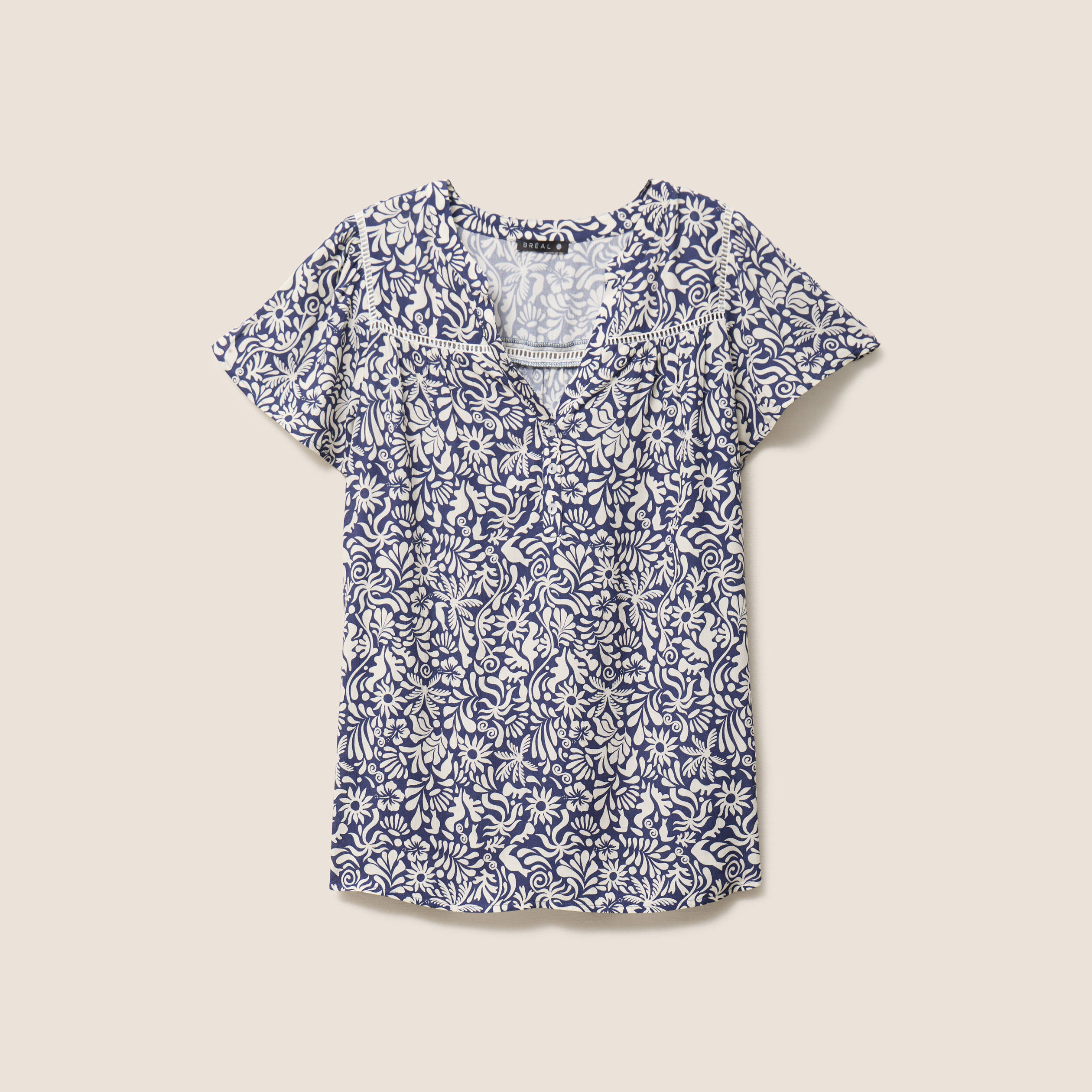 Blouse fluide col V manches courtes bleu femme