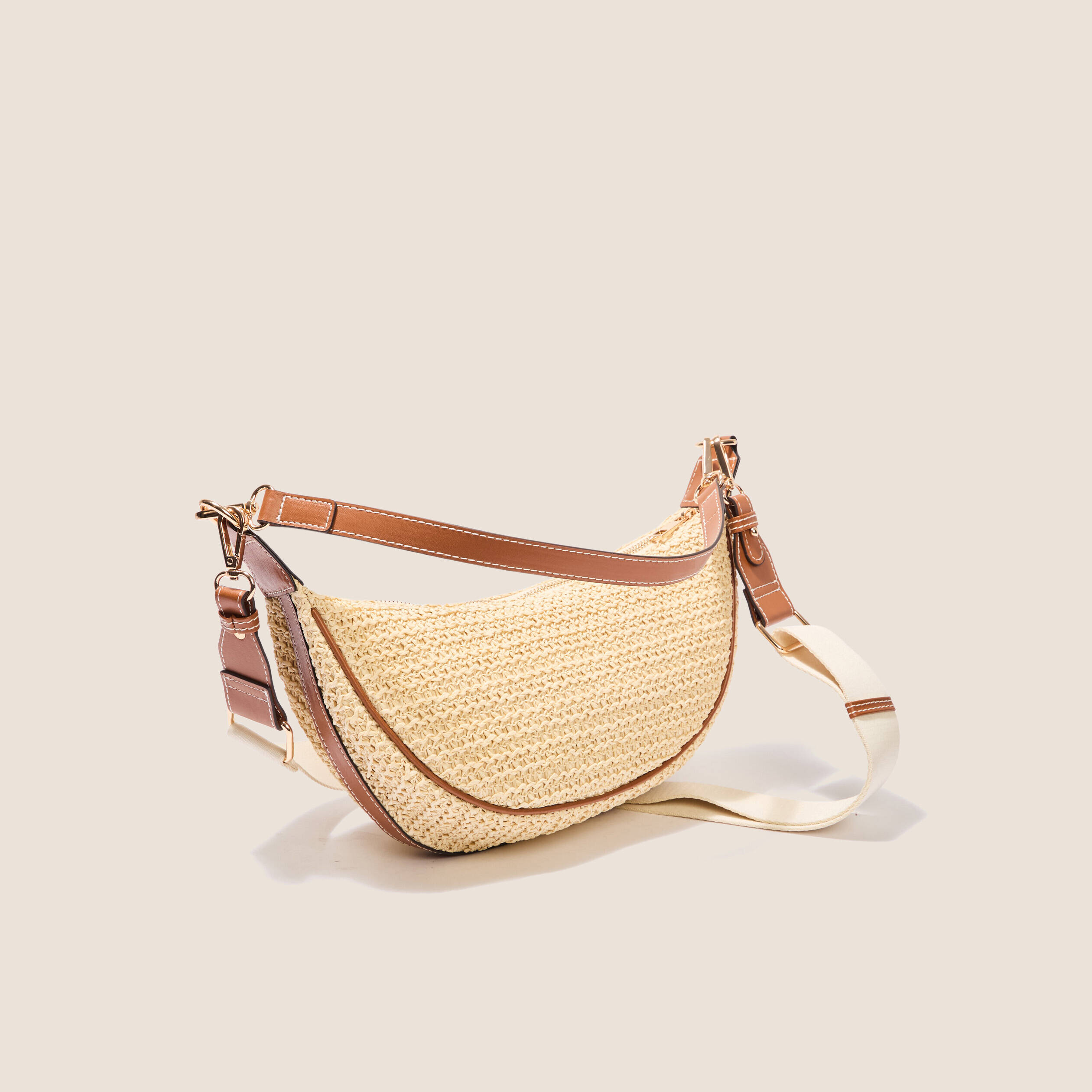 Sac demi-lune tressé ecru femme