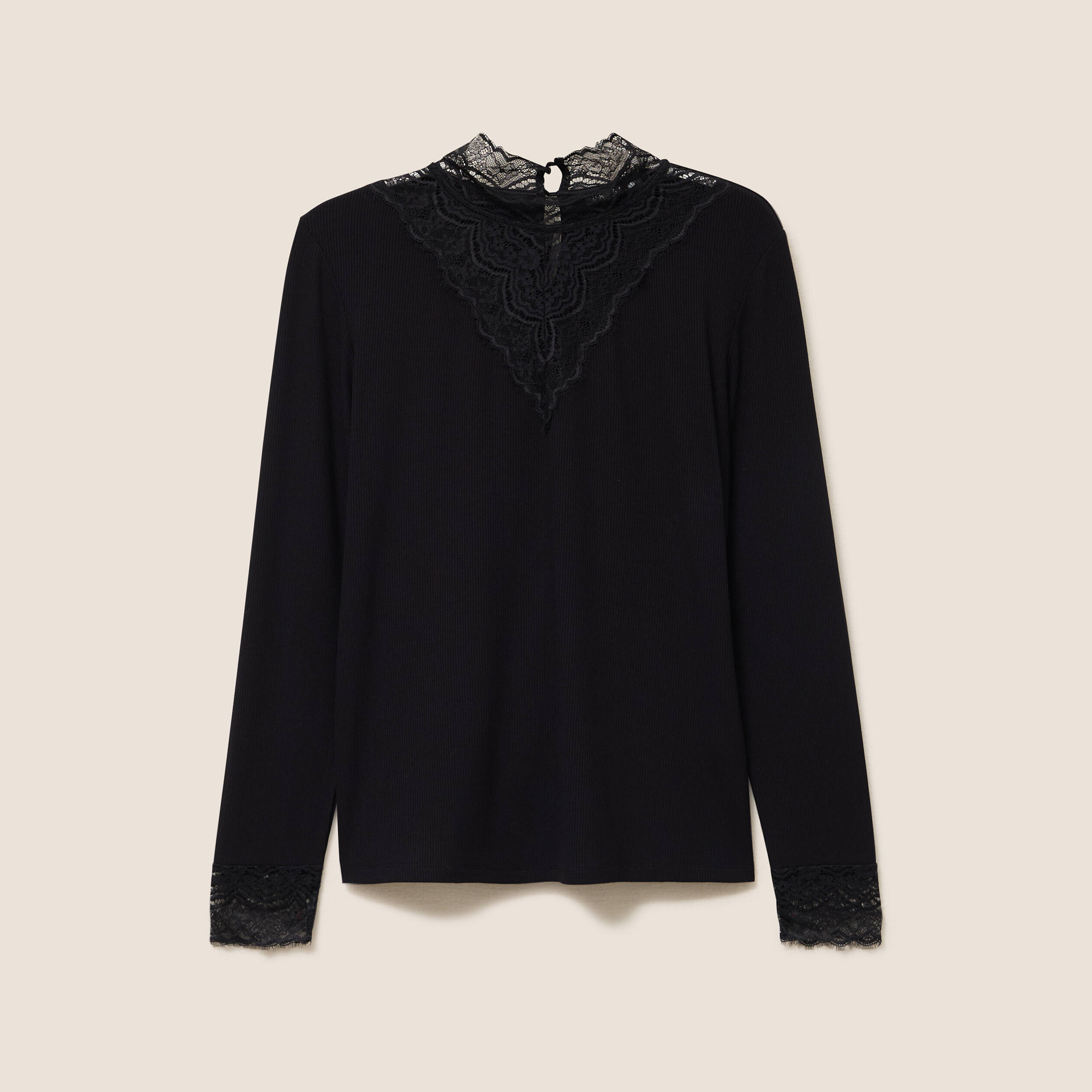 T-shirt cintr&eacute; col montant dentelle noir femme