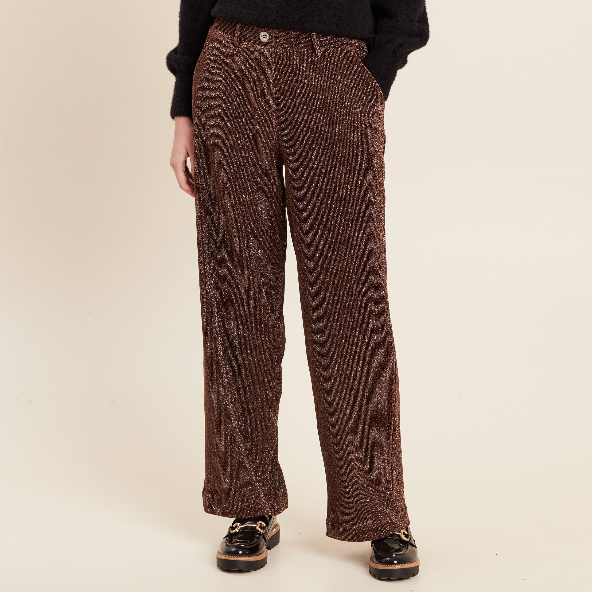 Pantalon flou effet tricoté couleur cuivre femme