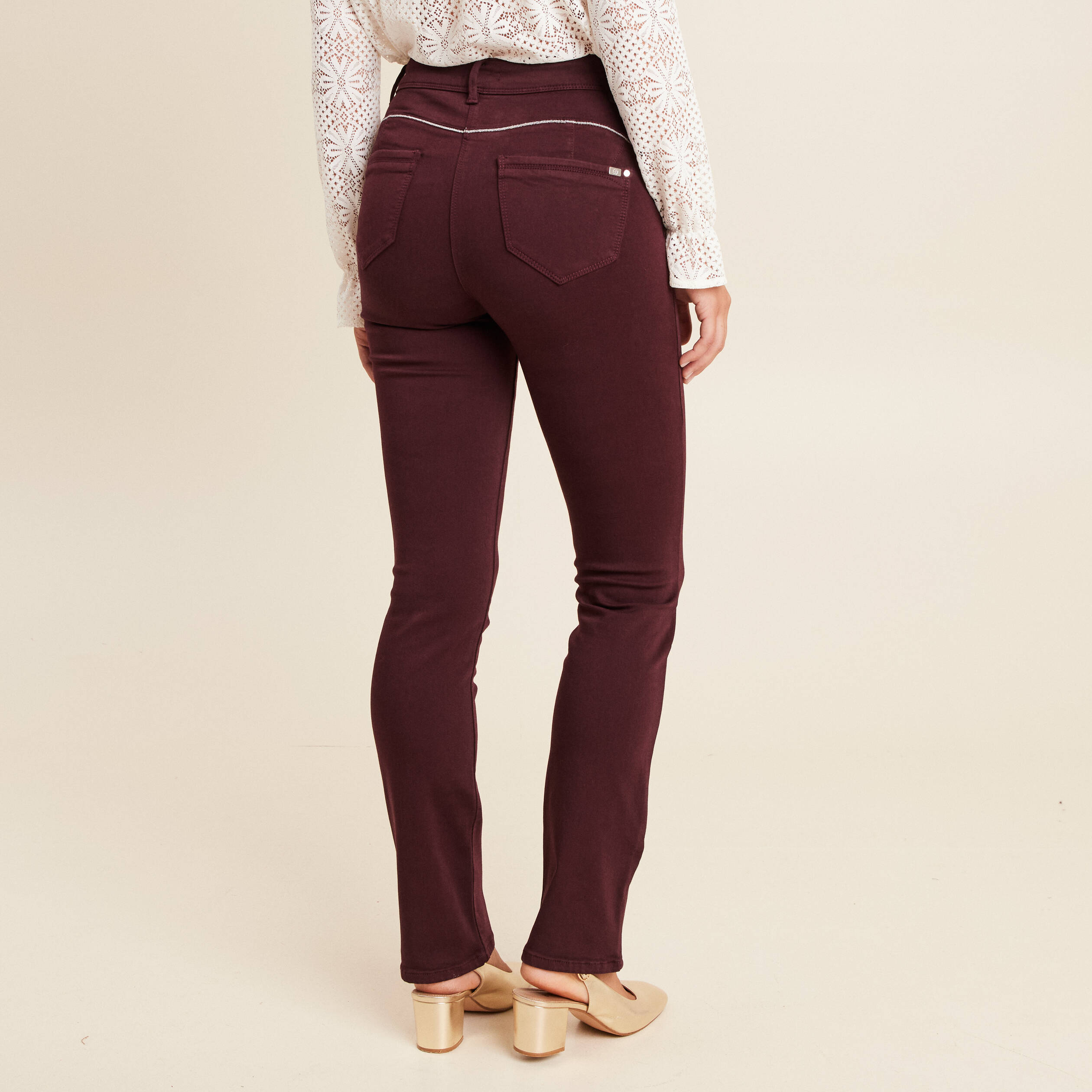Pantalon droit taille haute bordeaux femme
