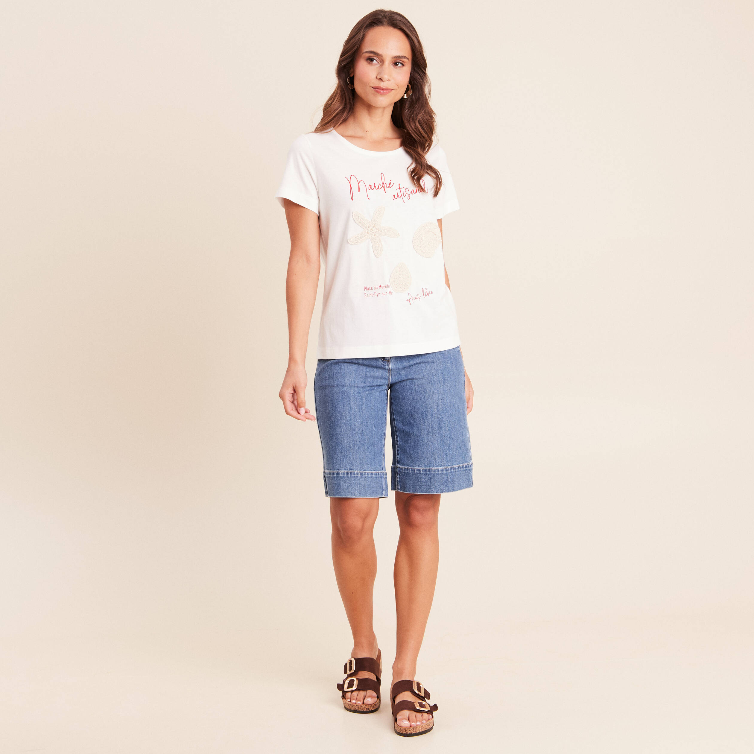 T-shirt col rond manches courtes ecru femme