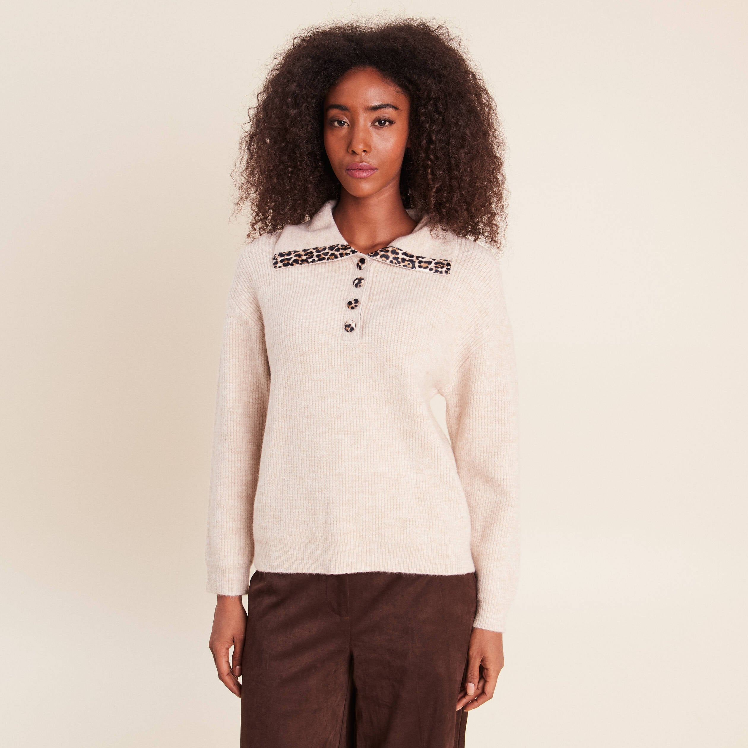 Pull droit manches longues beige femme
