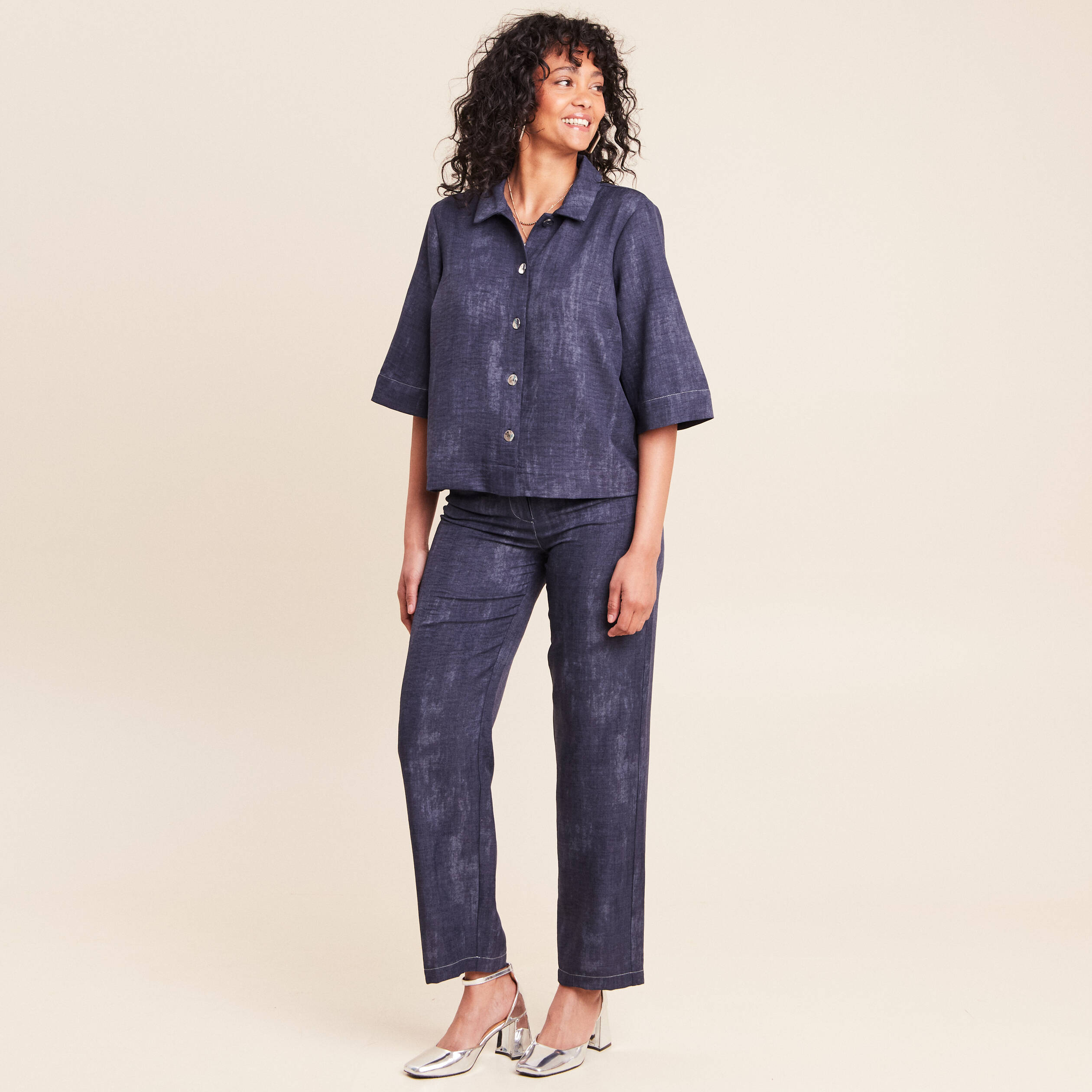 Jean large taille haute 5 poches bleu femme