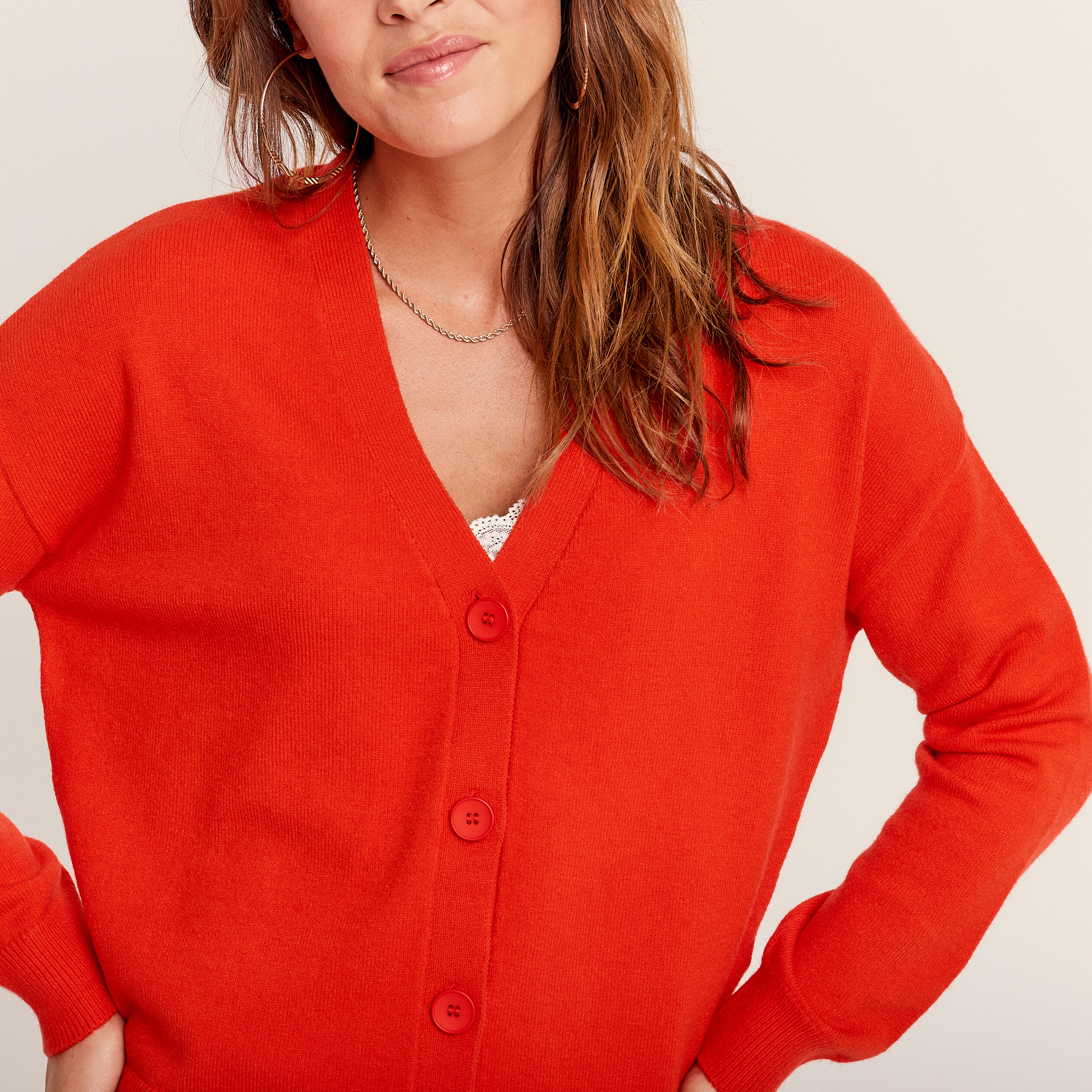 Gilet manches longues col en V orange femme