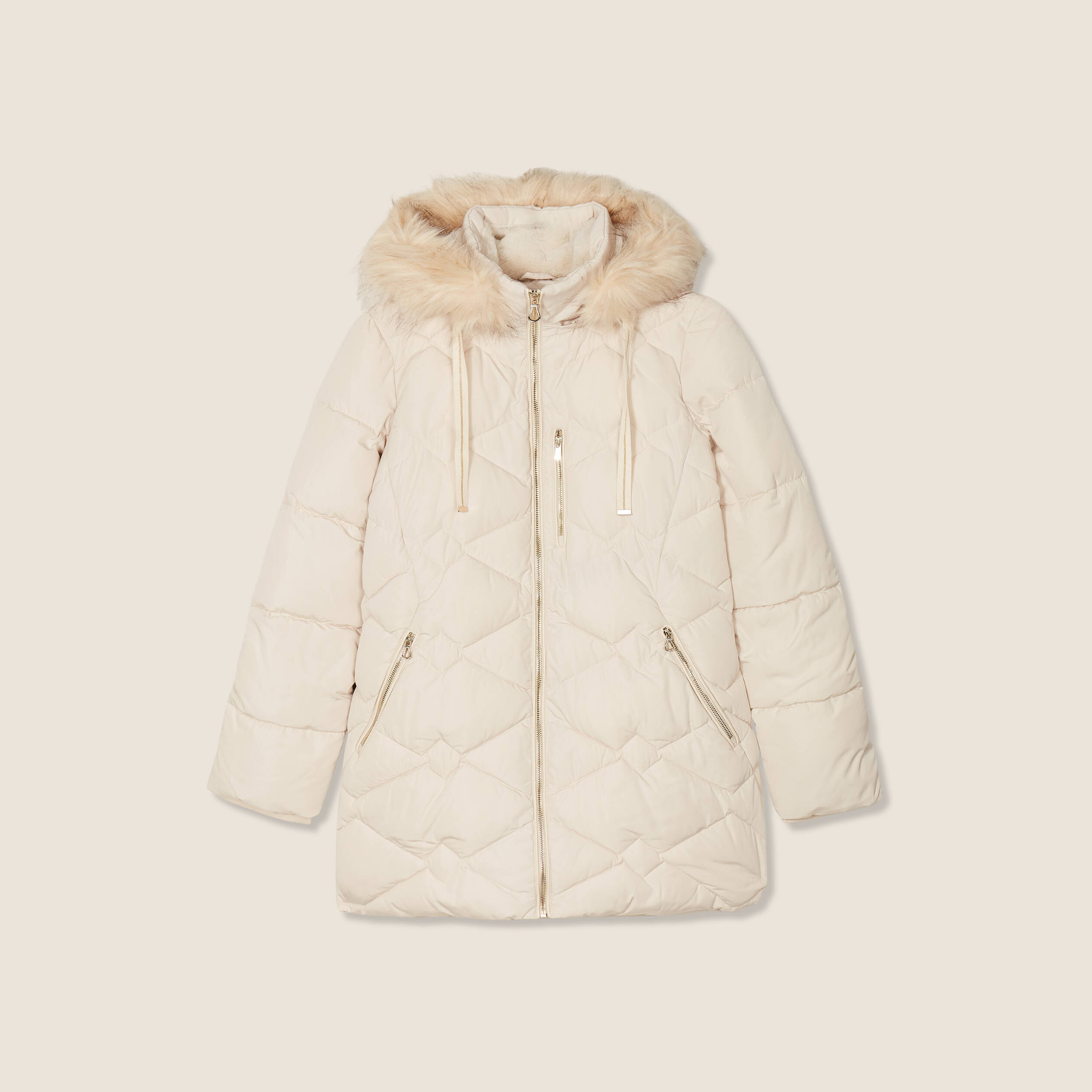 Doudoune d&eacute;perlante &agrave; capuche ecru femme