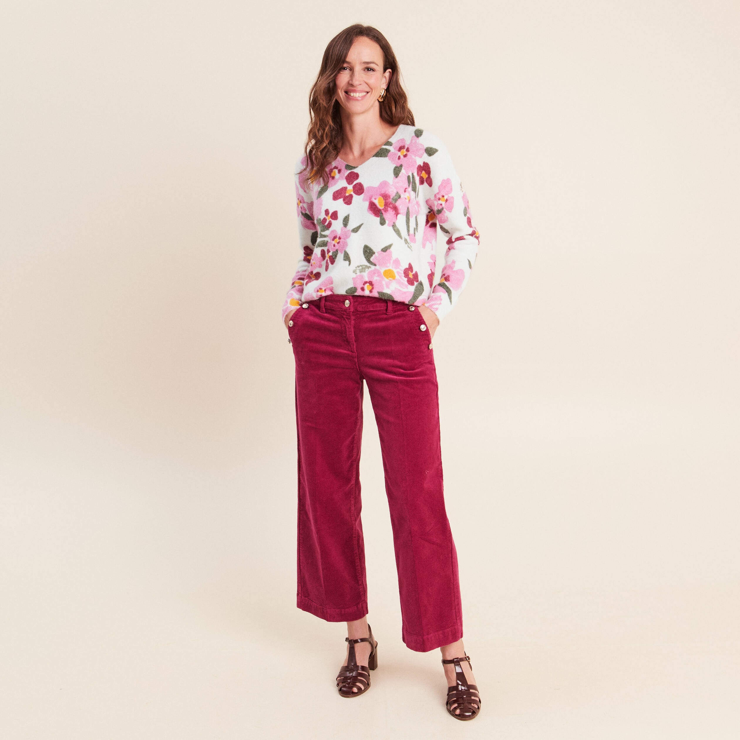 Pantalon large velours c&ocirc;tel&eacute; rouge fonc&eacute; femme