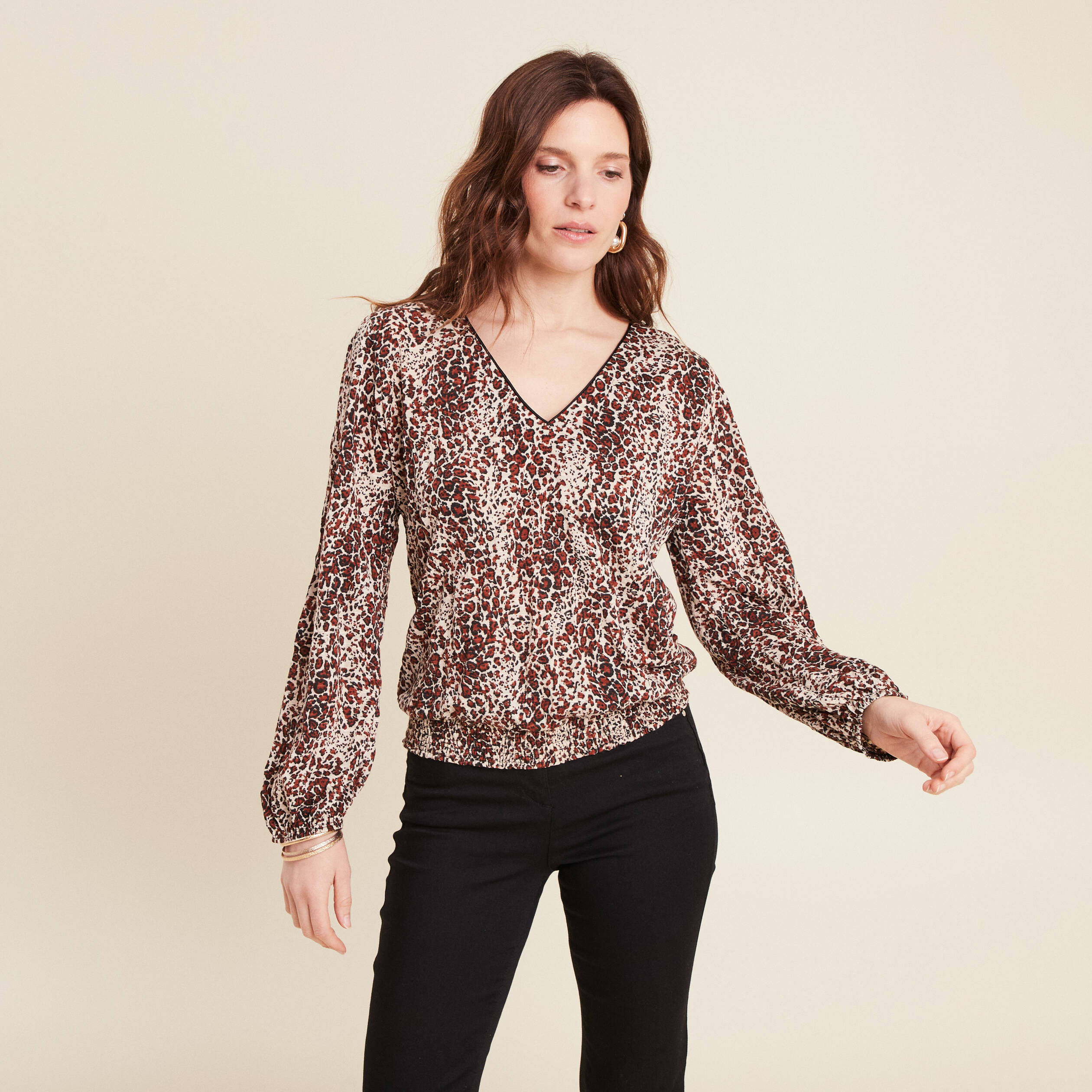Blouse droite manches longues marron cognac femme