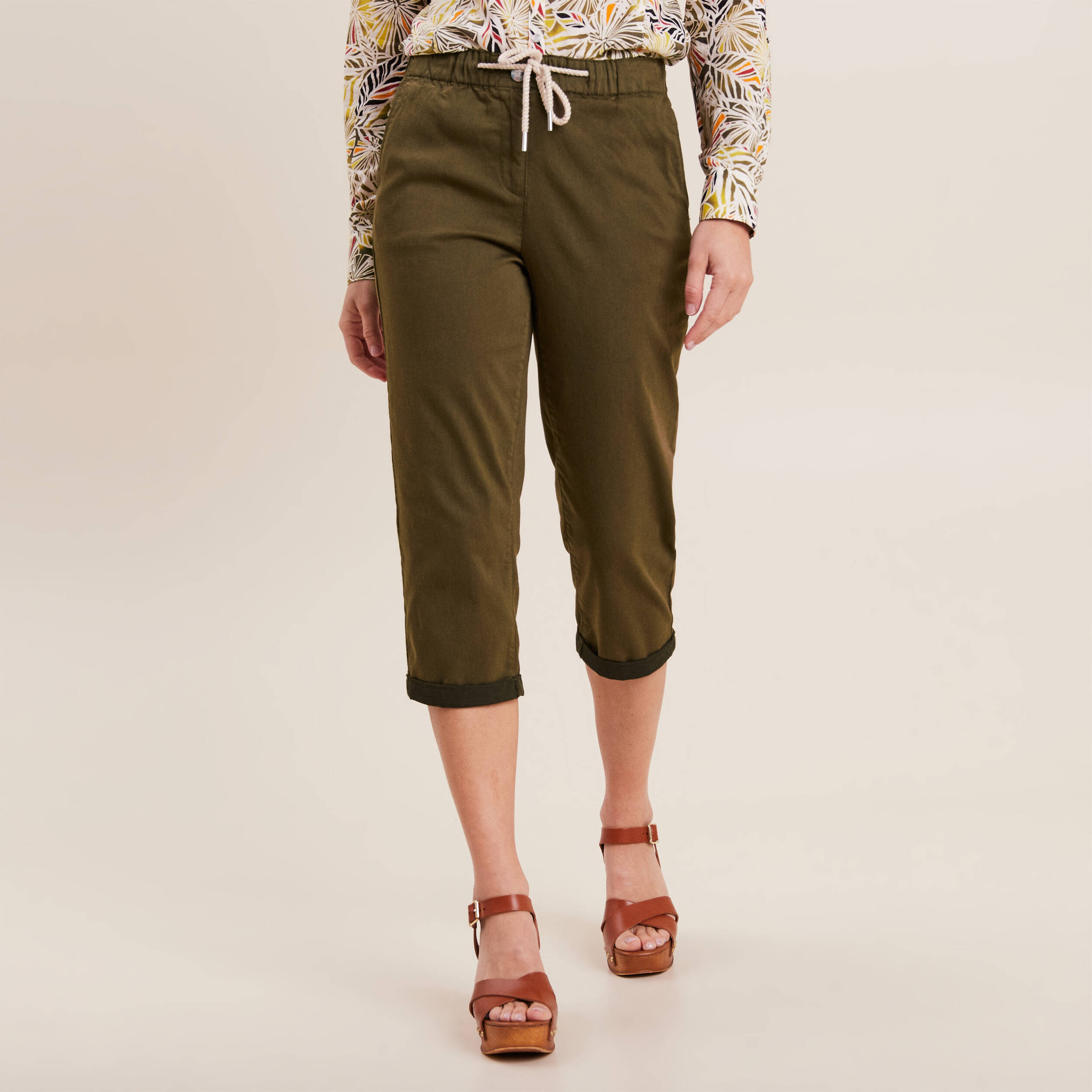 Pantacourt large taille haute vert olive femme