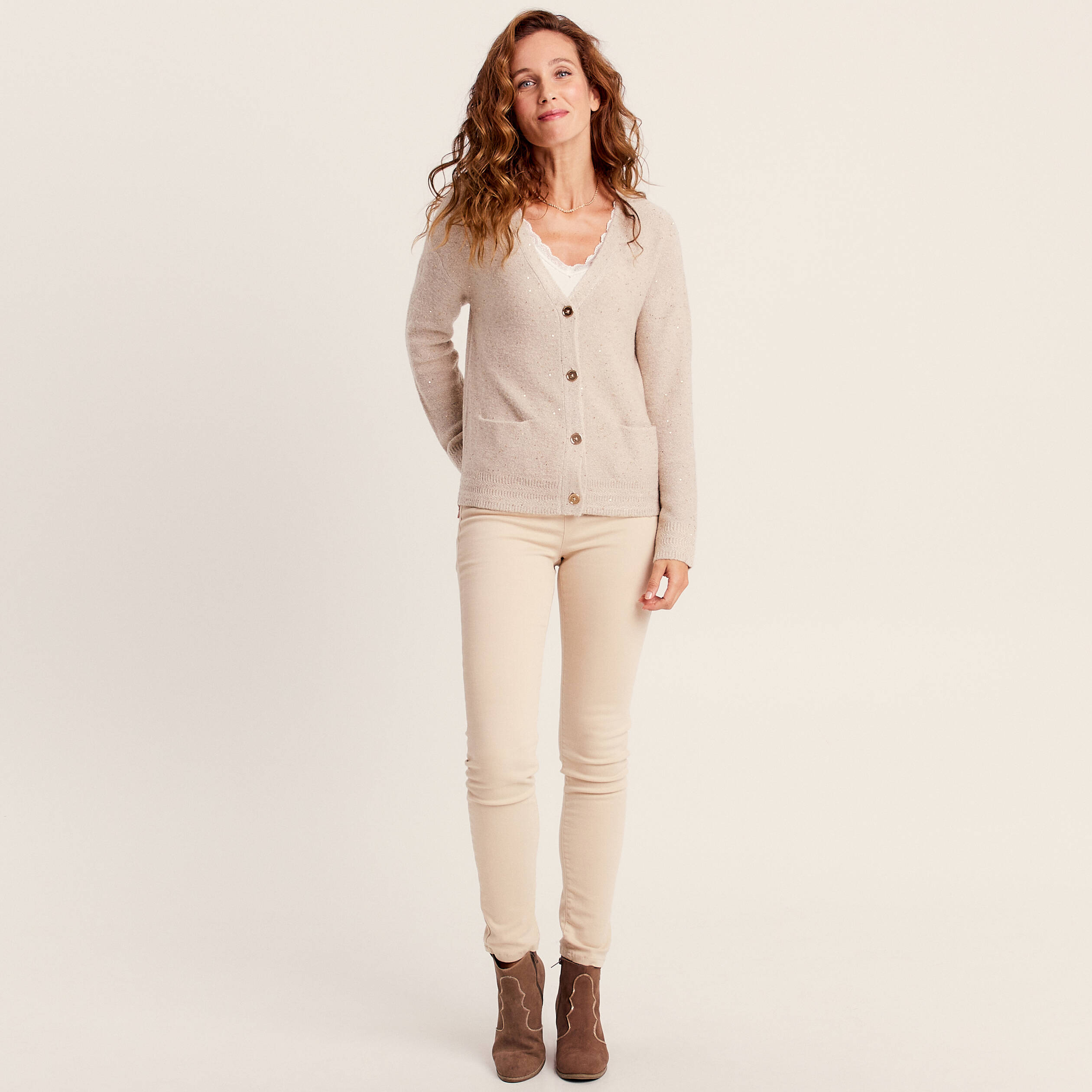Gilet manches longues sequins creme femme