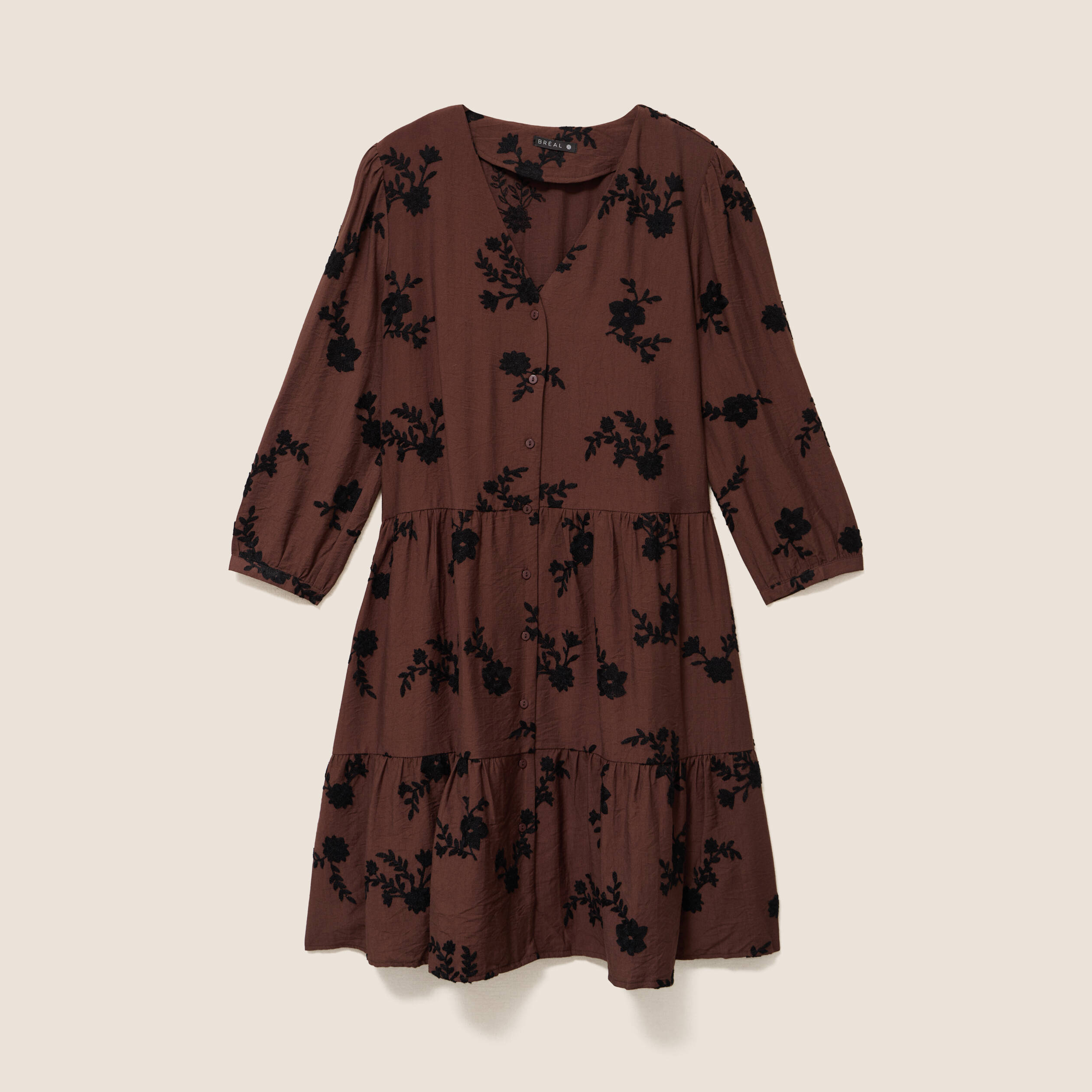 Robe courte &eacute;vas&eacute;e col v manches 3/4 marron femme