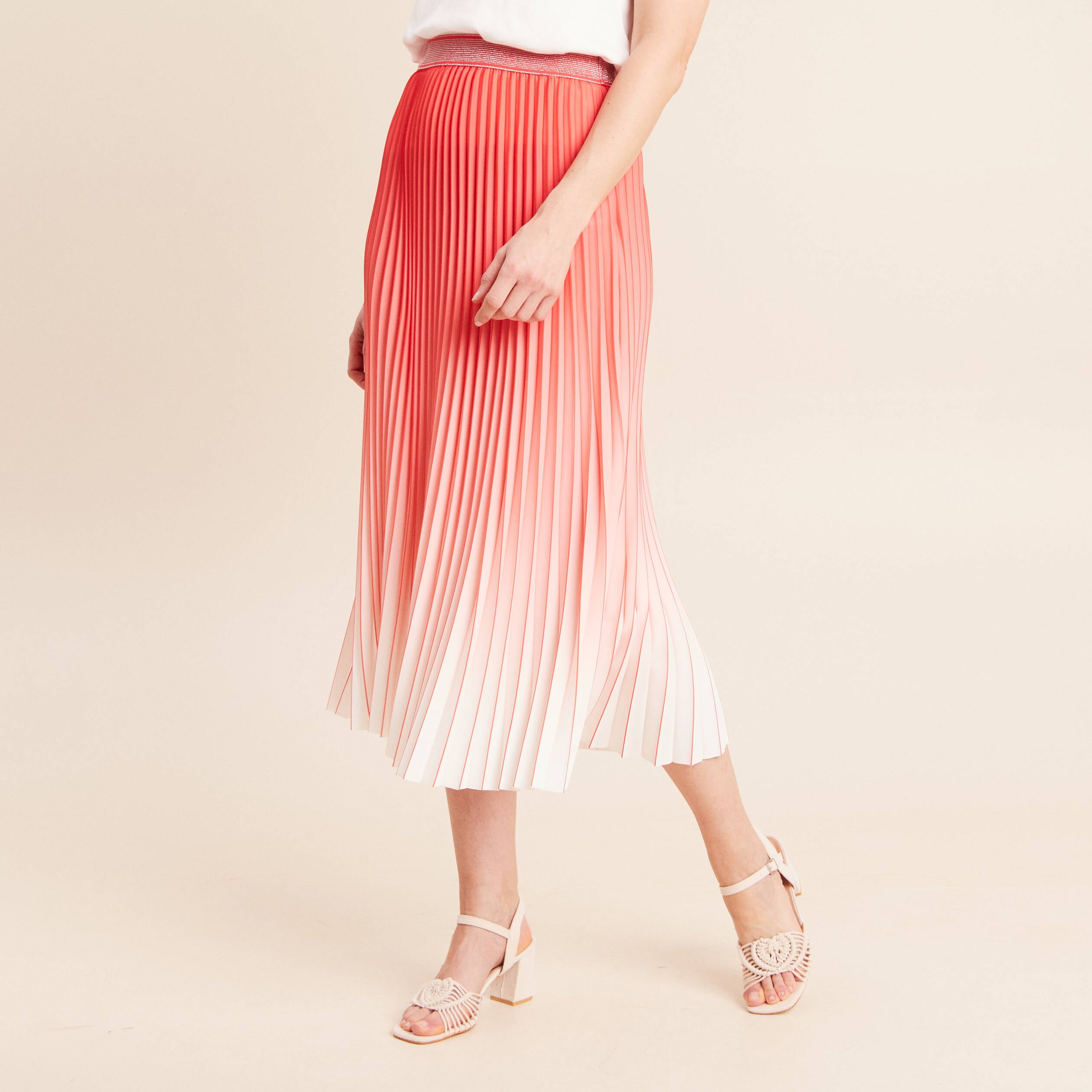 Jupe midi patineuse pliss&eacute;e rose vif femme