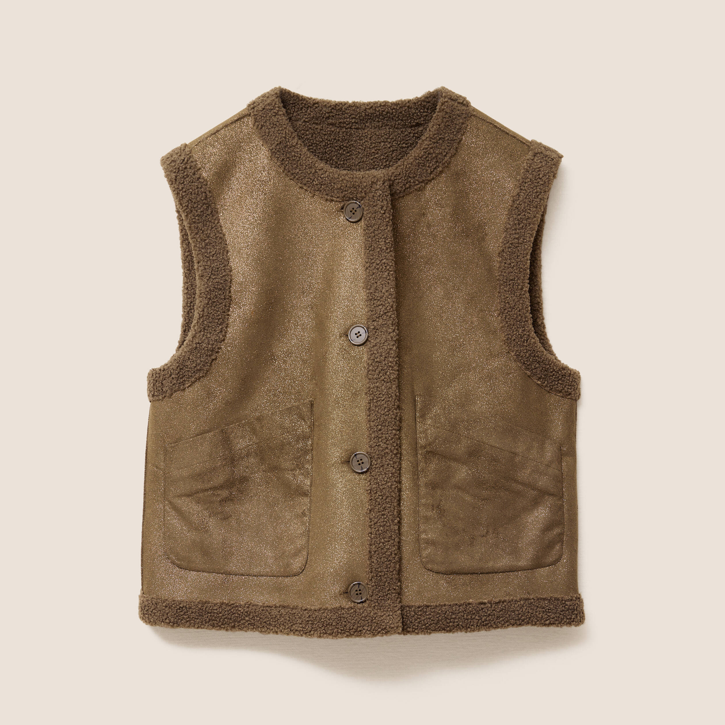 Gilet r&eacute;versible laine mouton vert kaki femme