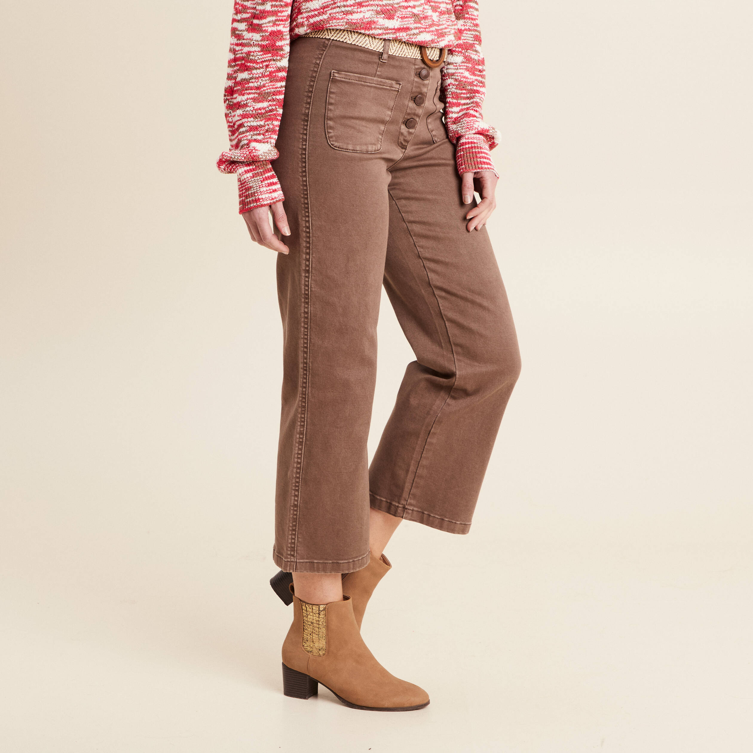 Pantalon large ceinturé 7/8ème bordeaux femme