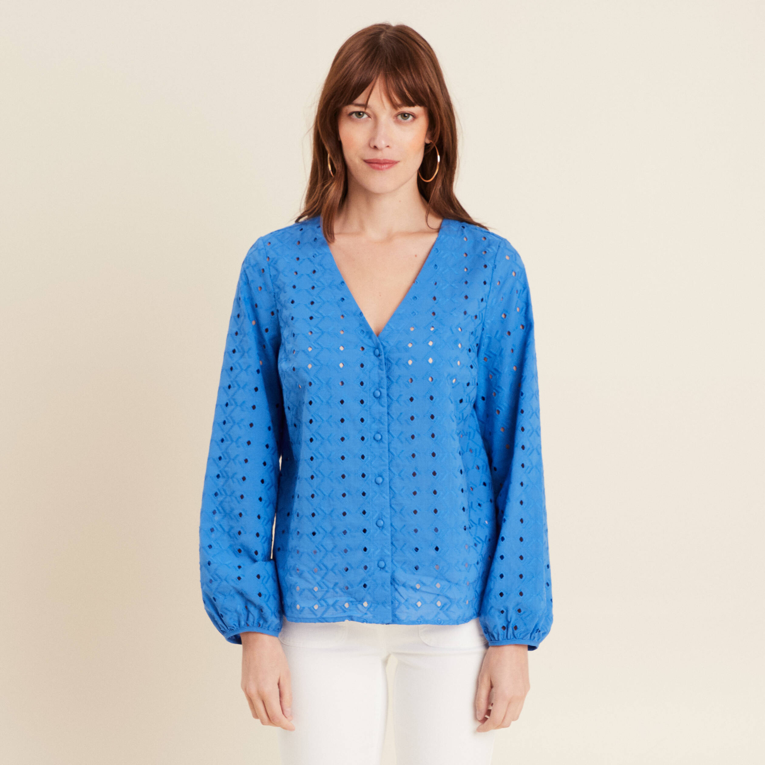 Chemise manches 3/4 brodée bleu femme
