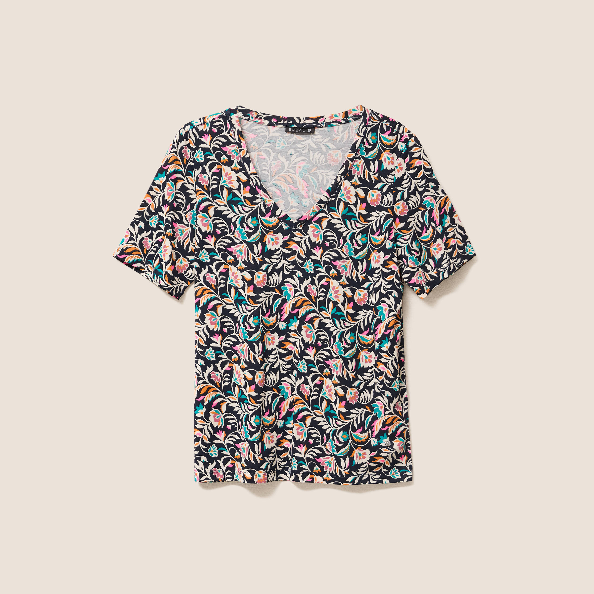 T-shirt col V manches courtes bleu femme