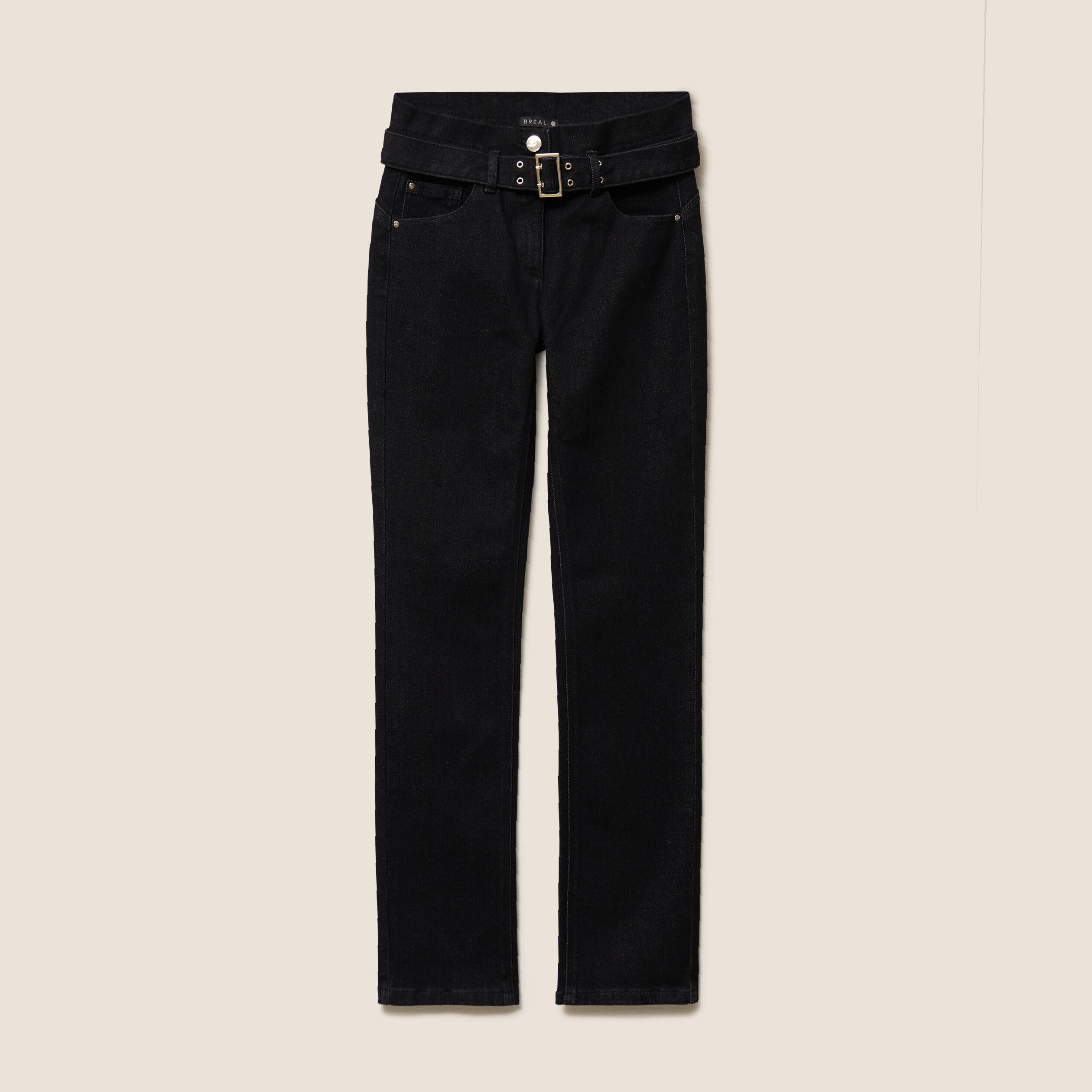 Jean droit ceintur&eacute; taille standard noir femme