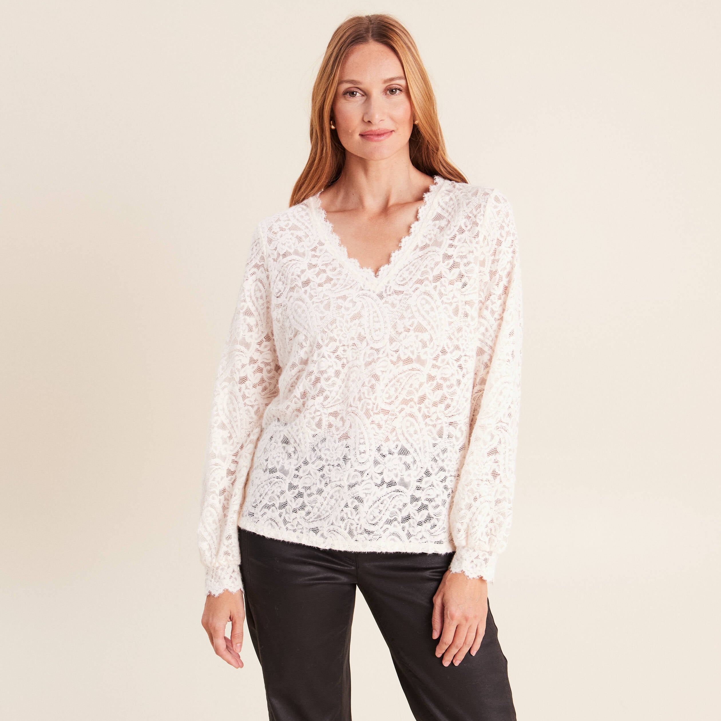 Blouse col v manches longues ecru femme