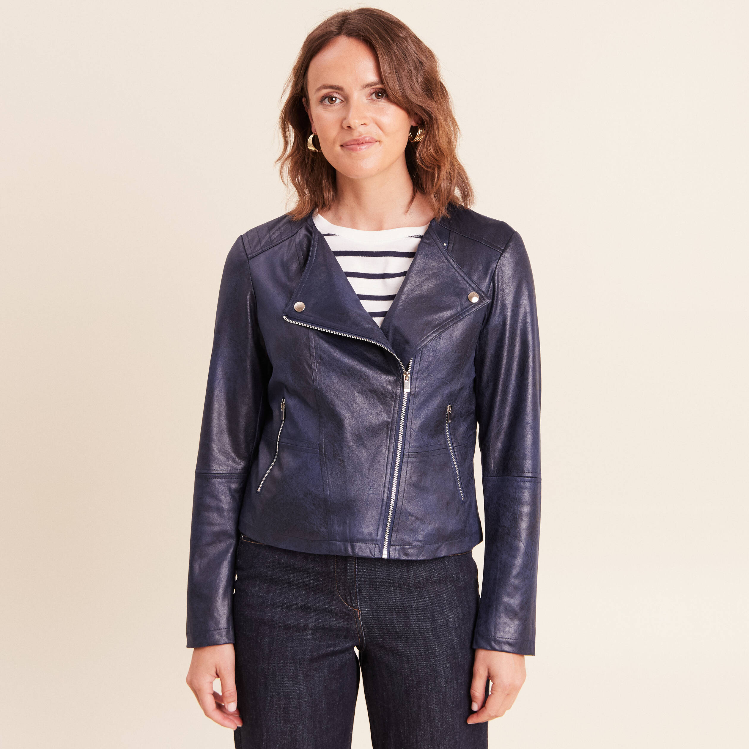 Veste droite zipp&eacute;e bleu fonc&eacute; femme