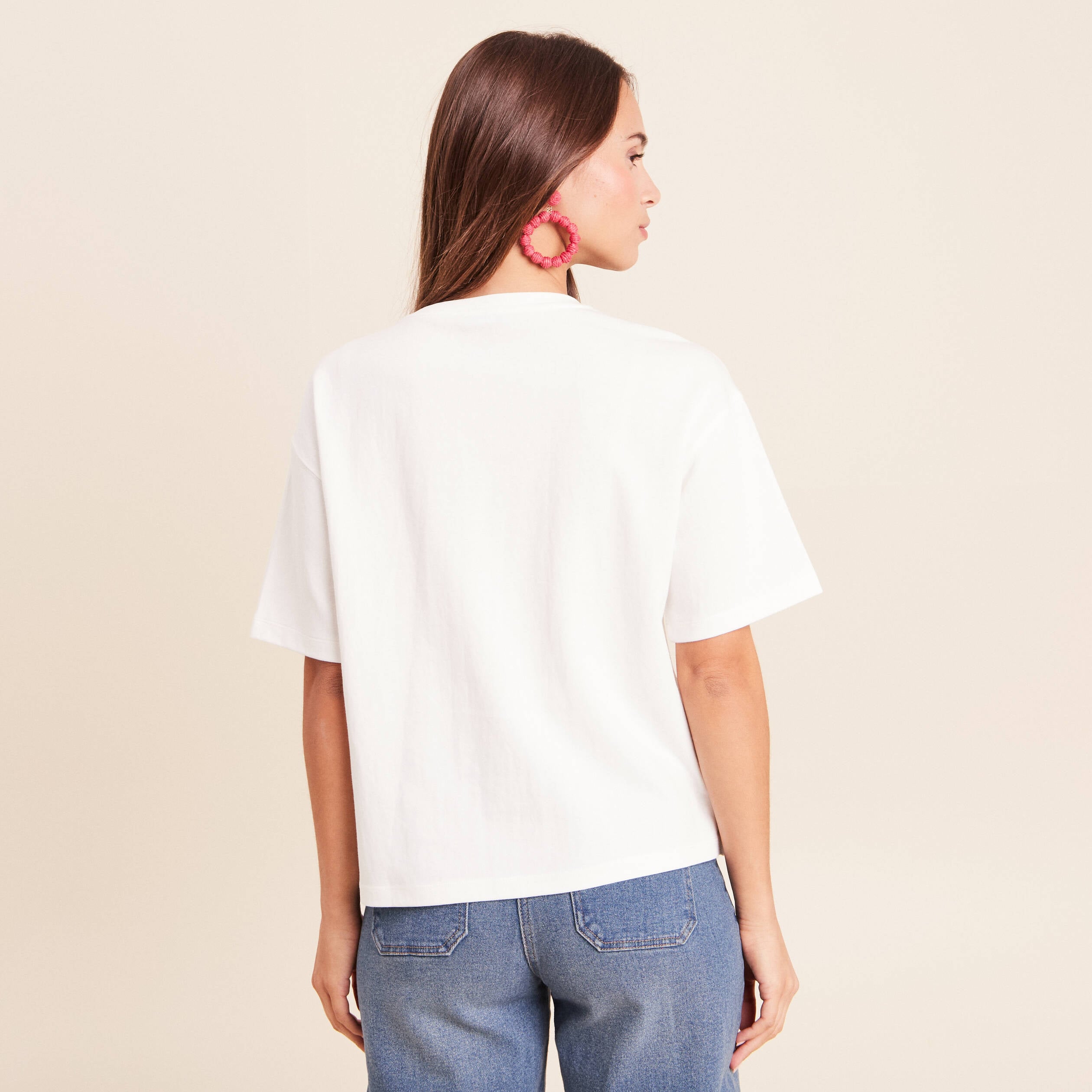 T-shirt col rond manches courtes sequins ecru femme