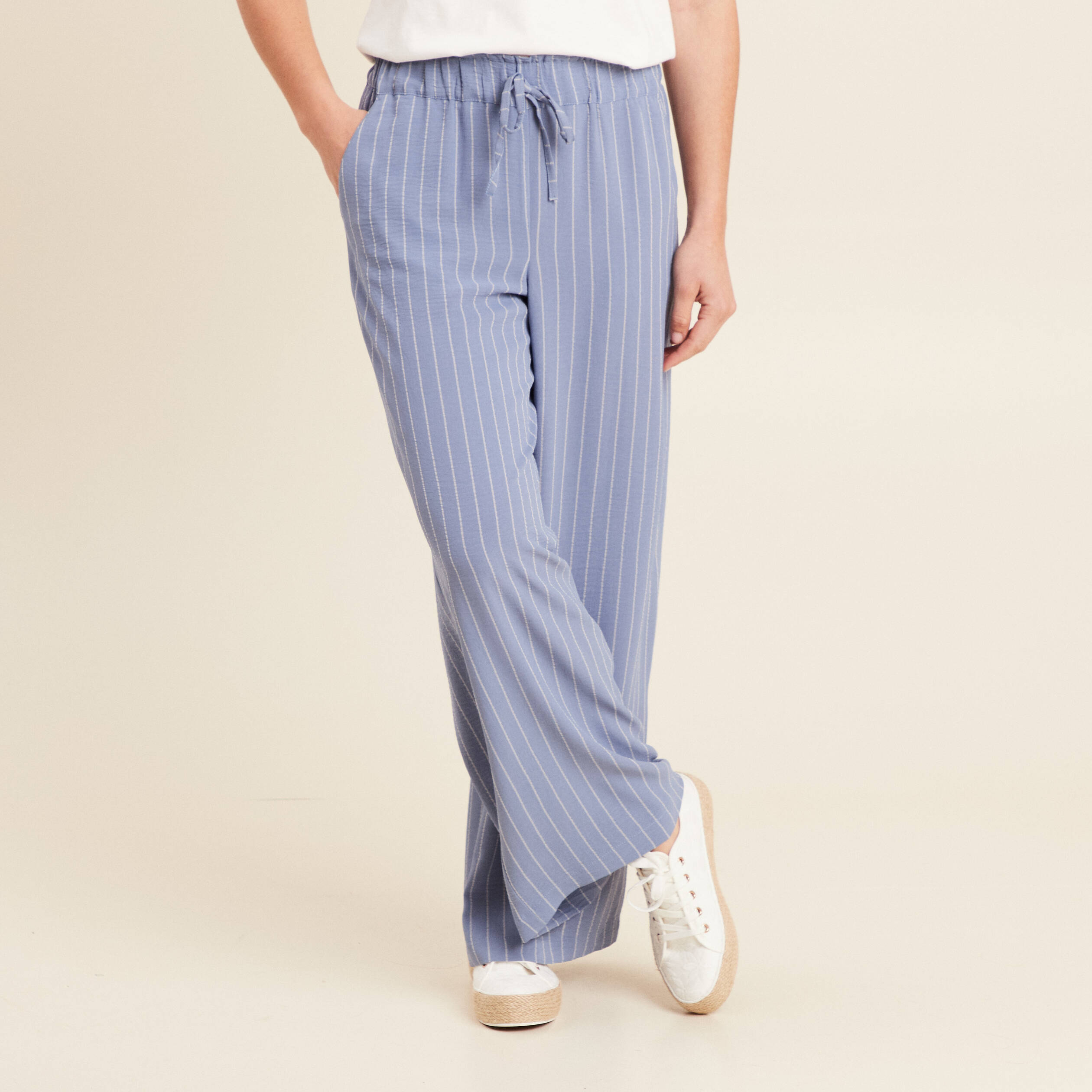 Pantalon large taille haute bleu ciel femme