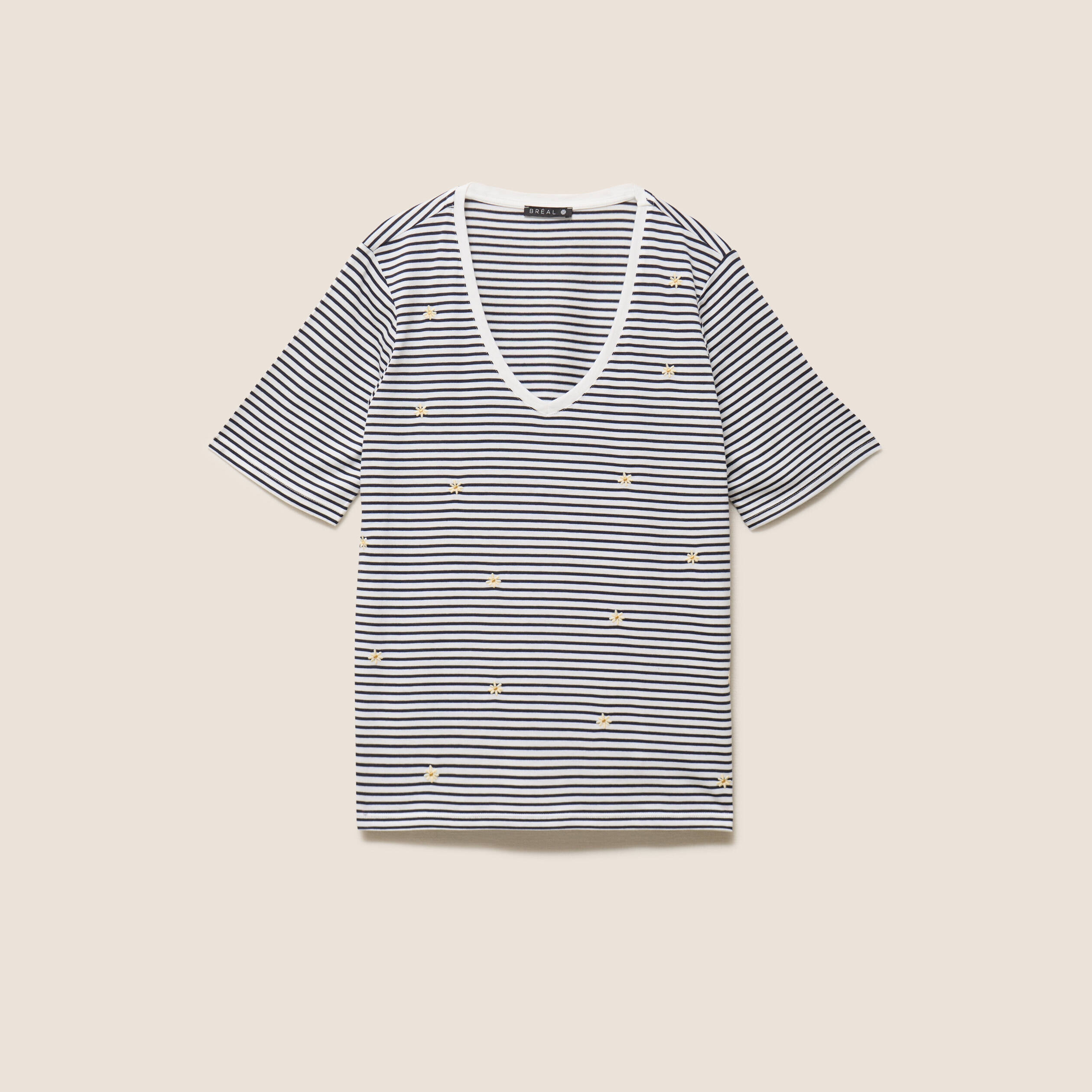 T-shirt droit broderie manches courtes bleu femme