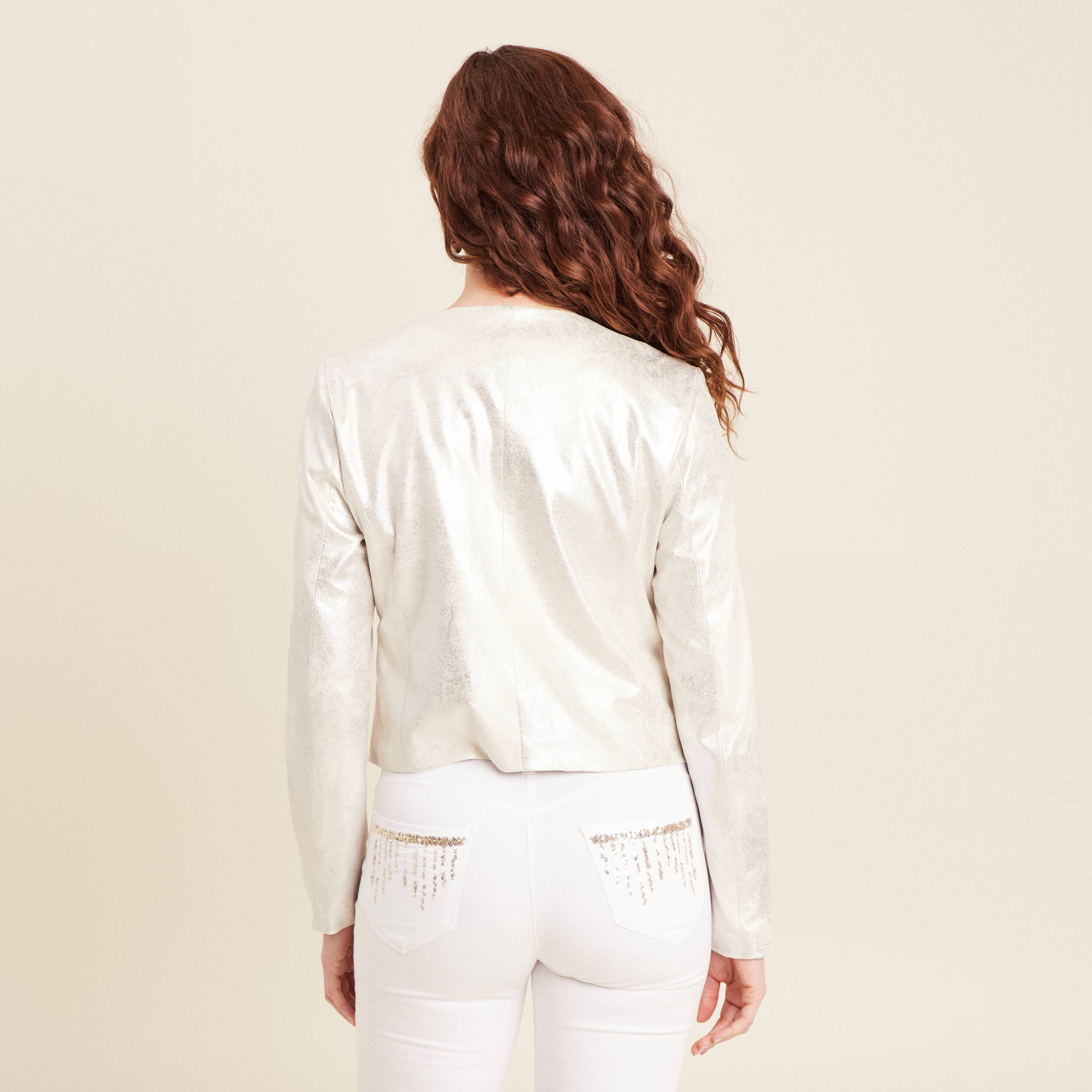 Veste courte métallisée couleur argent femme