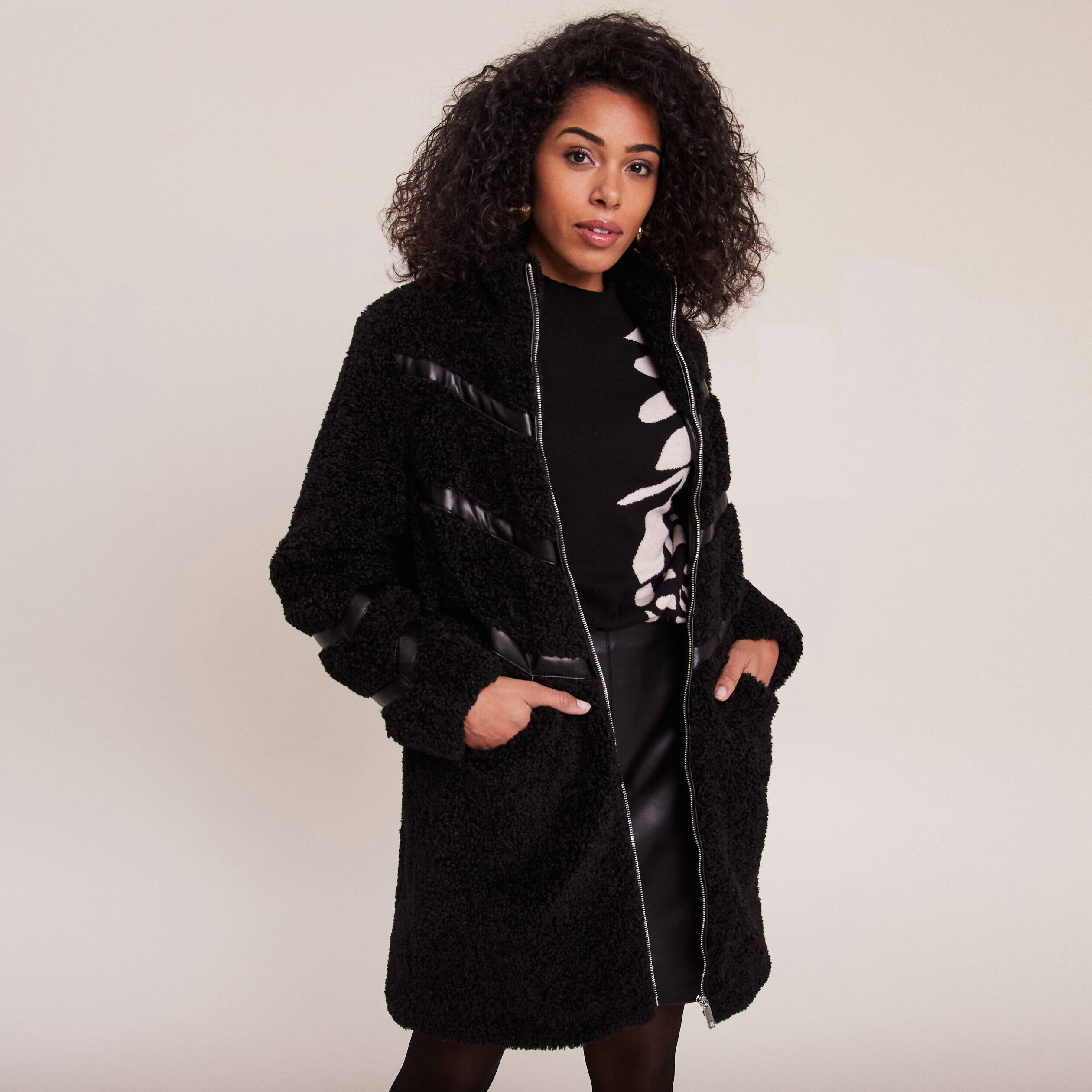 Manteau droit laine mouton noir femme Bréal
