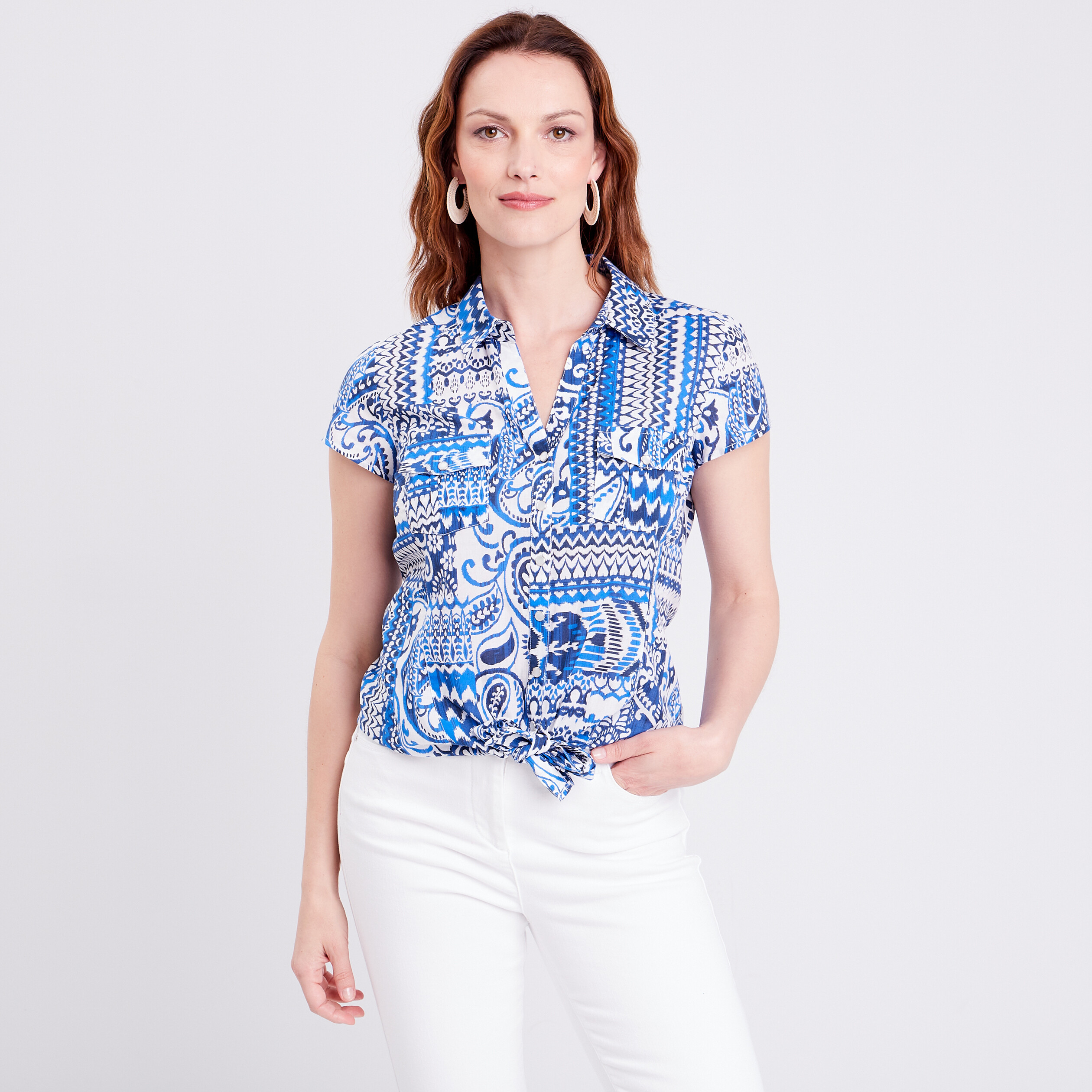 Chemise manches courtes nouée bleu femme