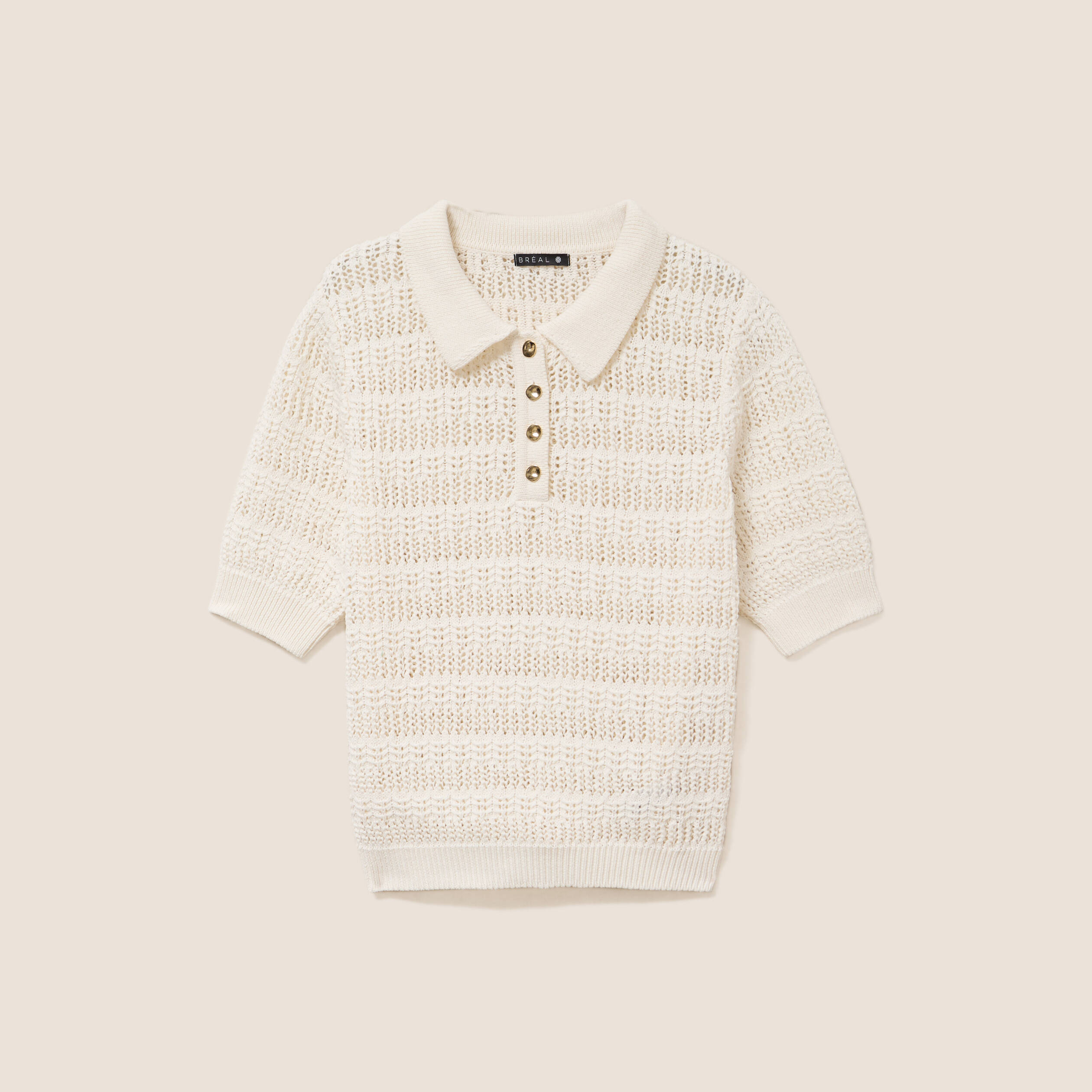 Pull col chemise manches courtes ecru femme